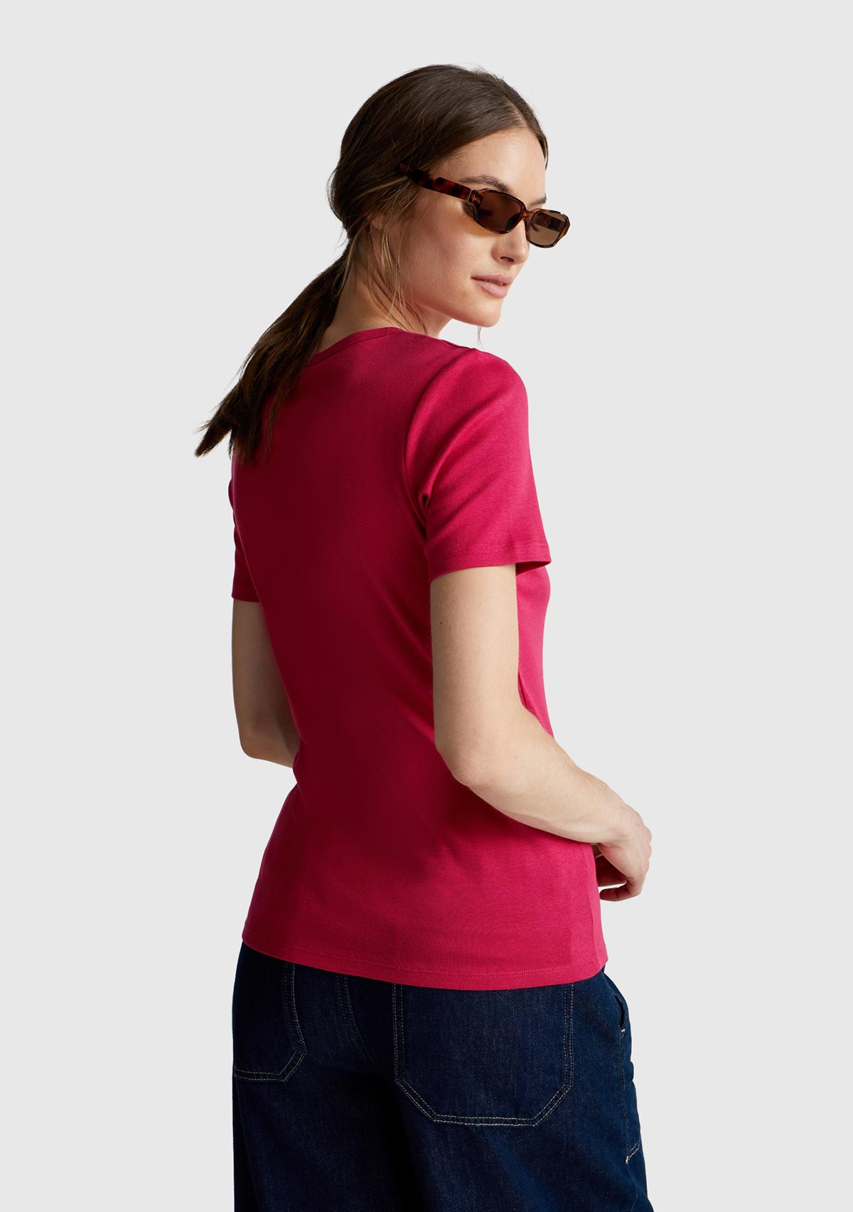 Kadın Fuşya %100 Koton Benetton Yazılı Basic T-Shirt