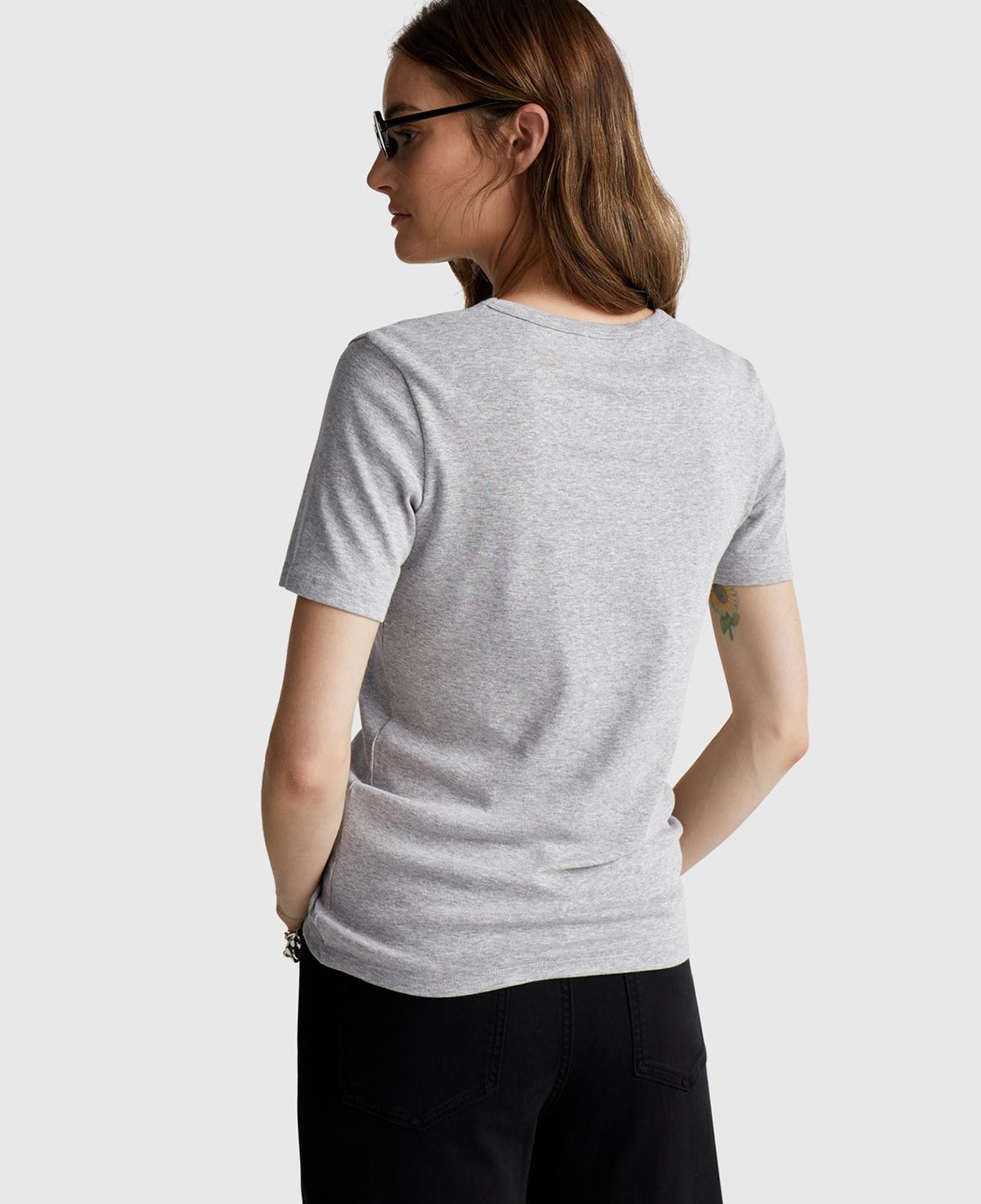 Kadın Gri Melanj %100 Koton Benetton Yazılı Basic T-Shirt