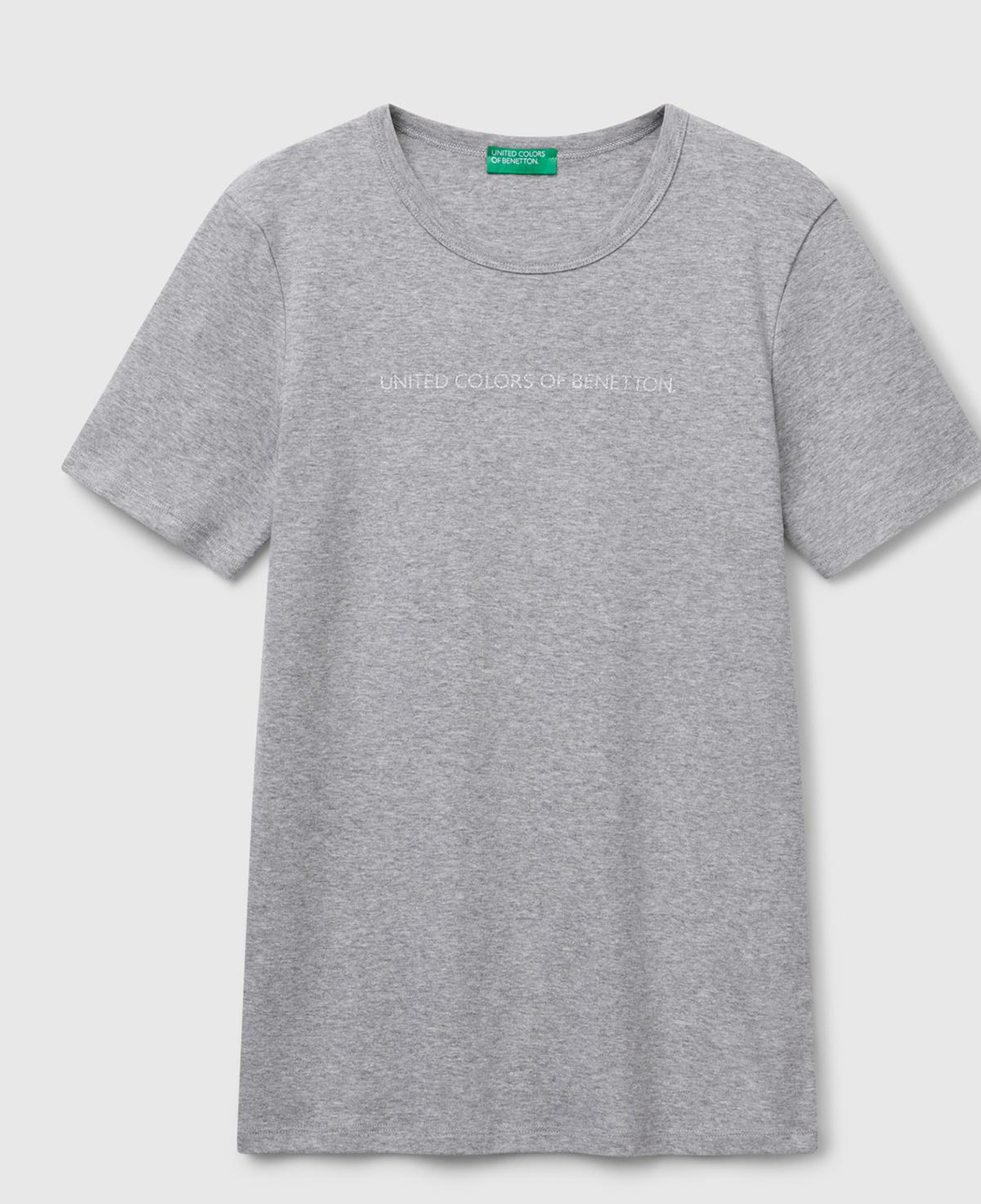 Kadın Gri Melanj %100 Koton Benetton Yazılı Basic T-Shirt