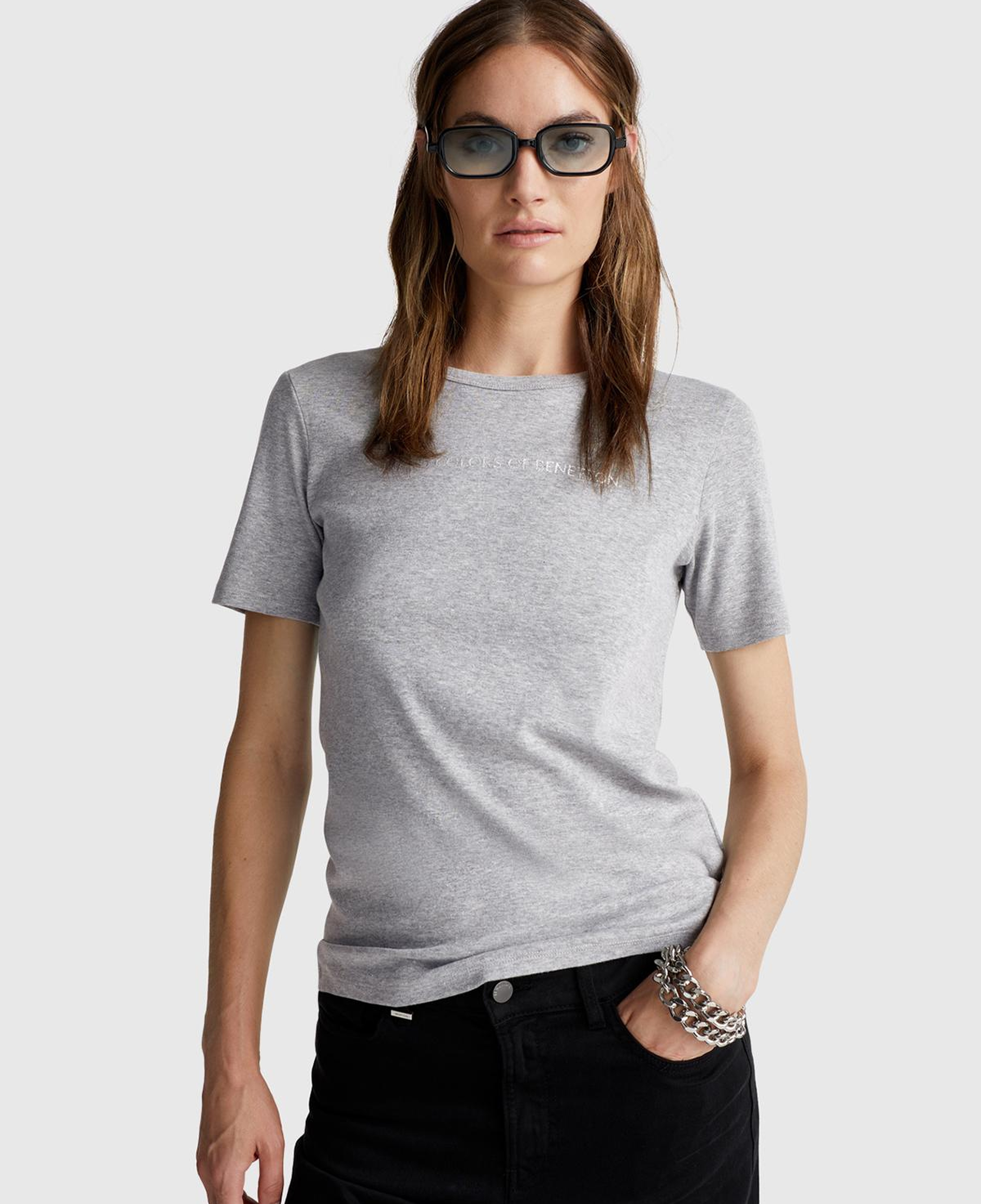 Kadın Gri Melanj %100 Koton Benetton Yazılı Basic T-Shirt