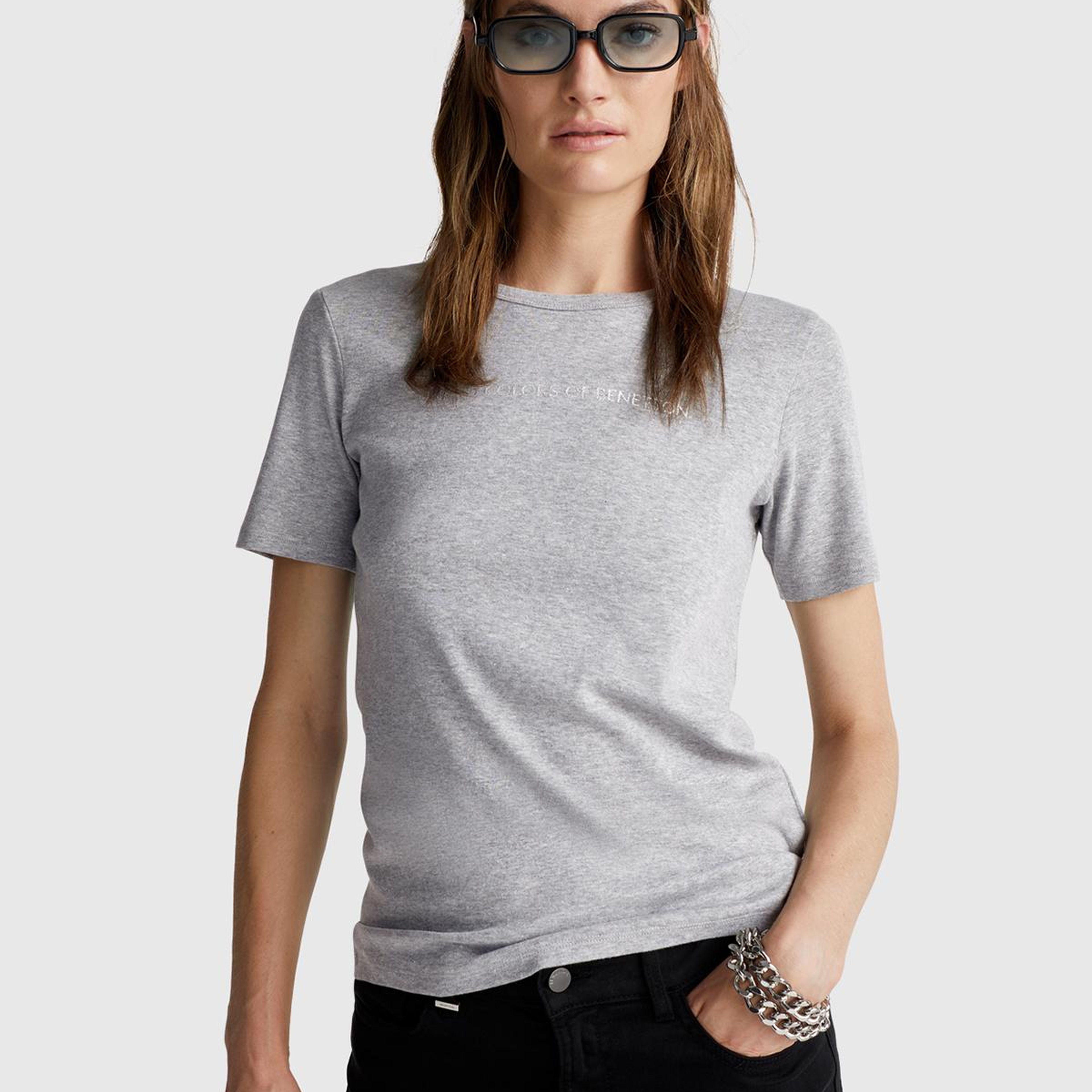 Kadın Gri Melanj %100 Koton Benetton Yazılı Basic T-Shirt