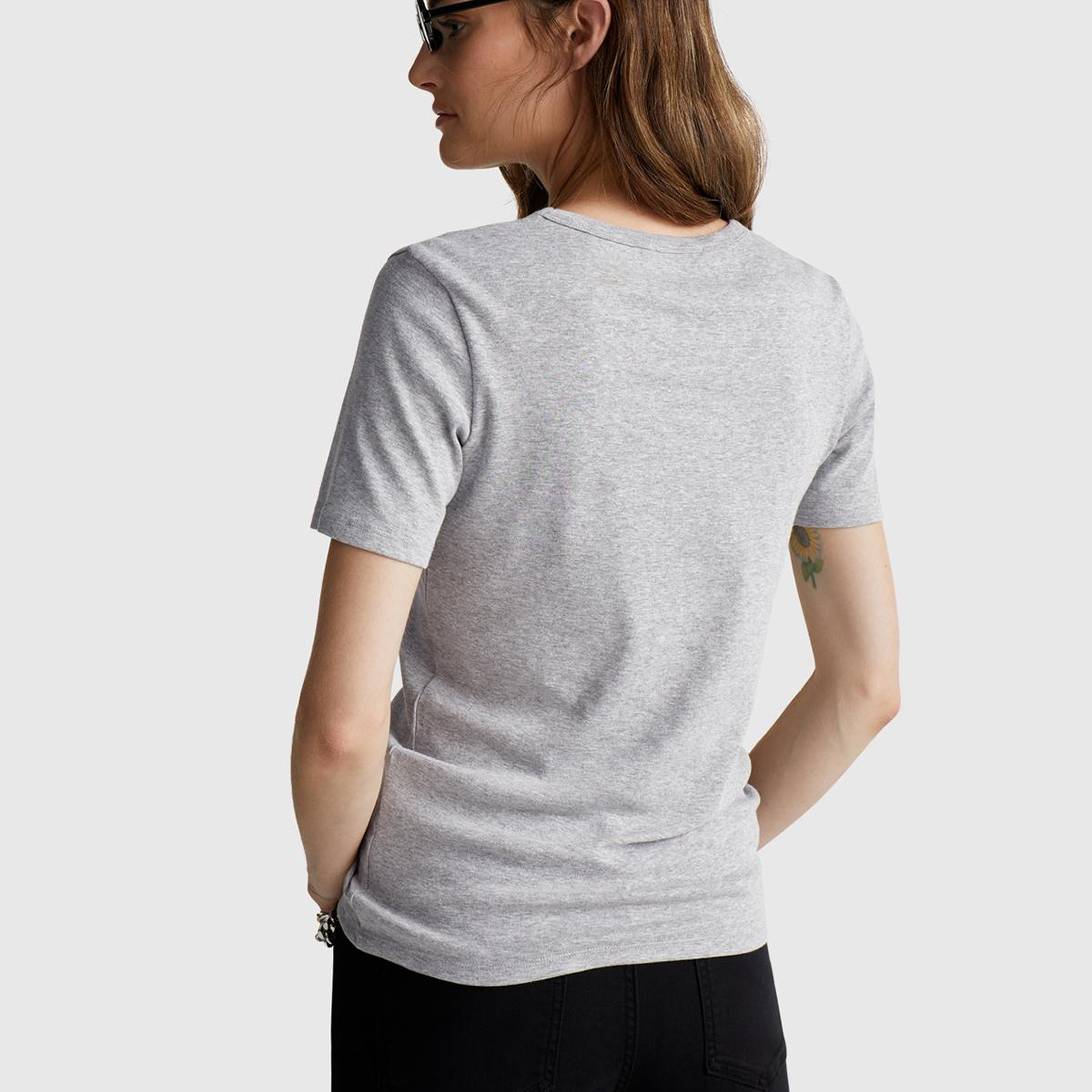 Kadın Gri Melanj %100 Koton Benetton Yazılı Basic T-Shirt