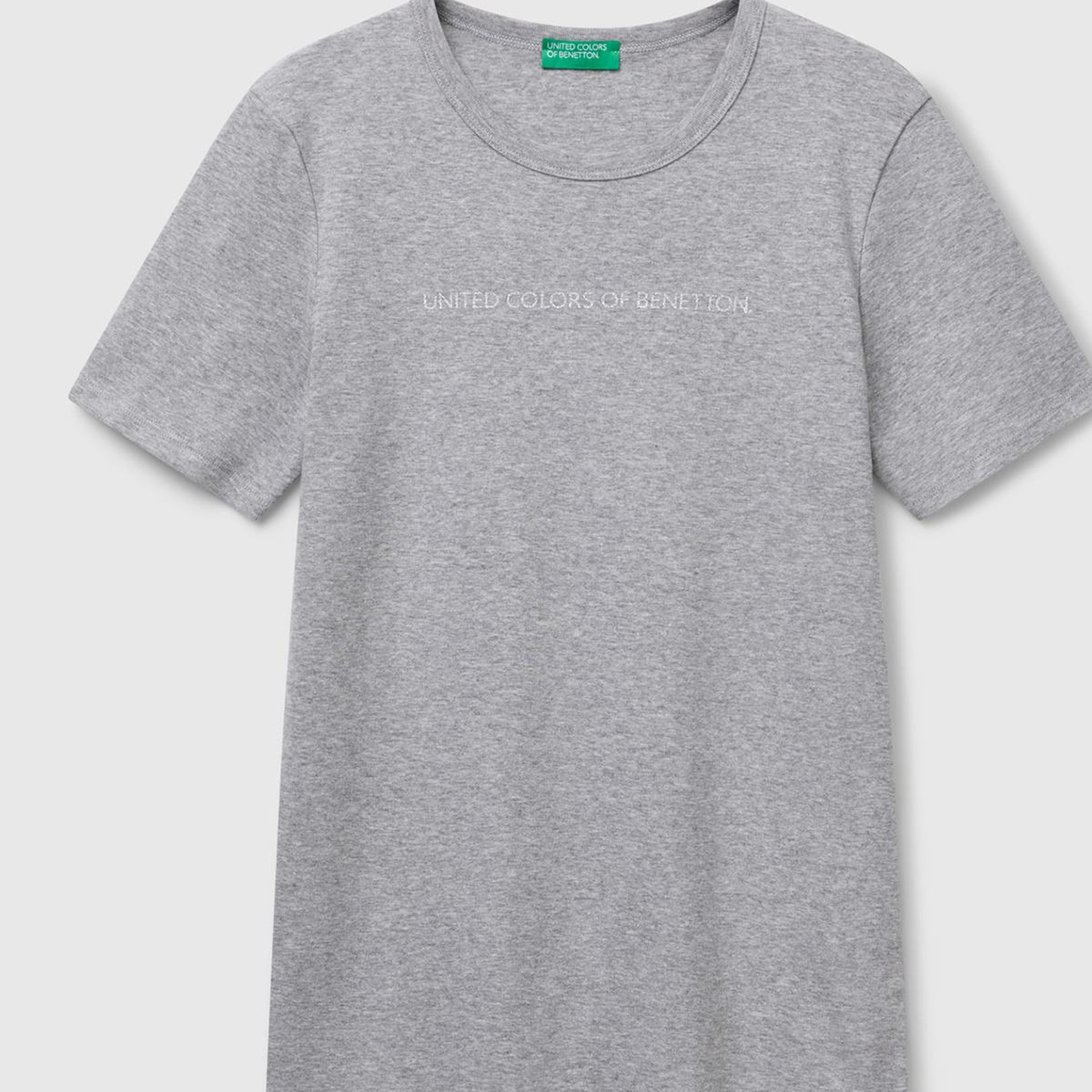 Kadın Gri Melanj %100 Koton Benetton Yazılı Basic T-Shirt