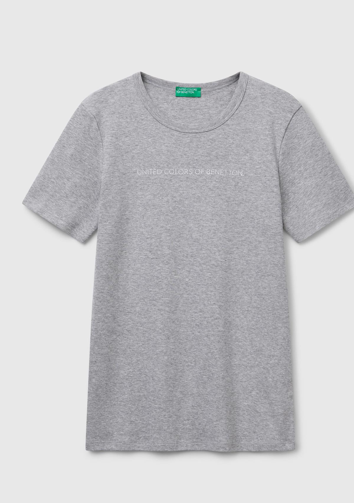 Kadın Gri Melanj %100 Koton Benetton Yazılı Basic T-Shirt