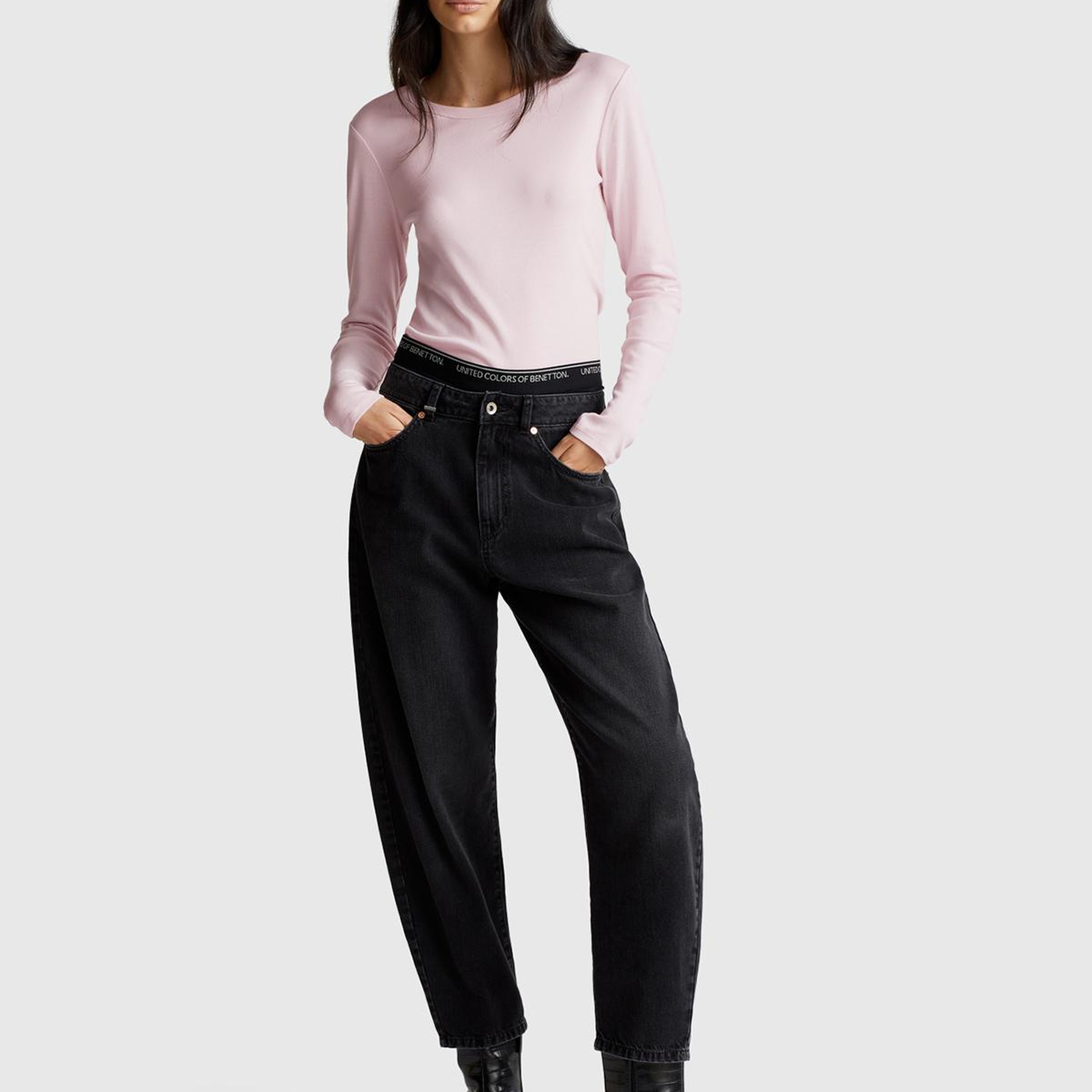 Kadın Açık Pembe Basic Bisiklet Yaka Uzun Kollu T-Shirt
