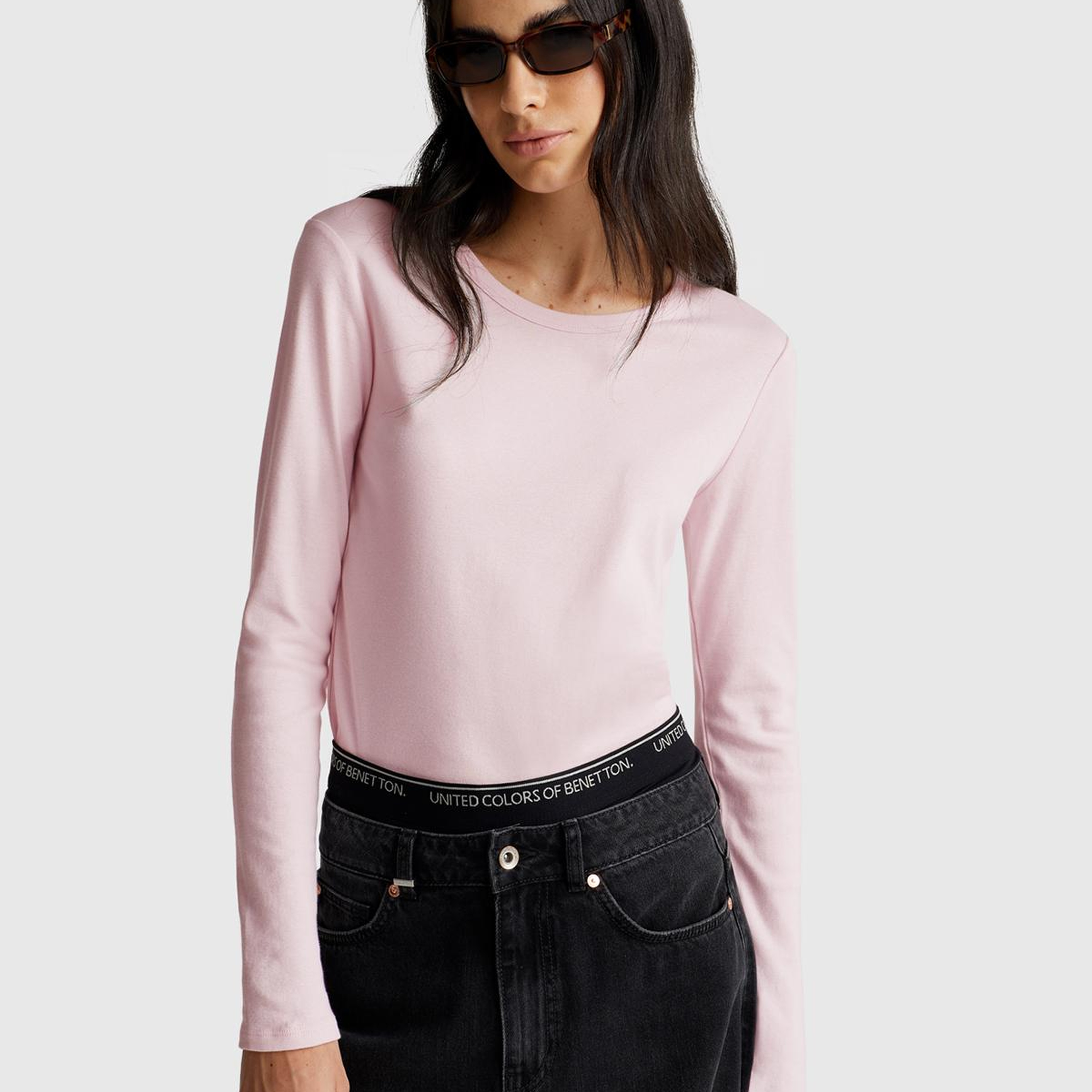 Kadın Açık Pembe Basic Bisiklet Yaka Uzun Kollu T-Shirt
