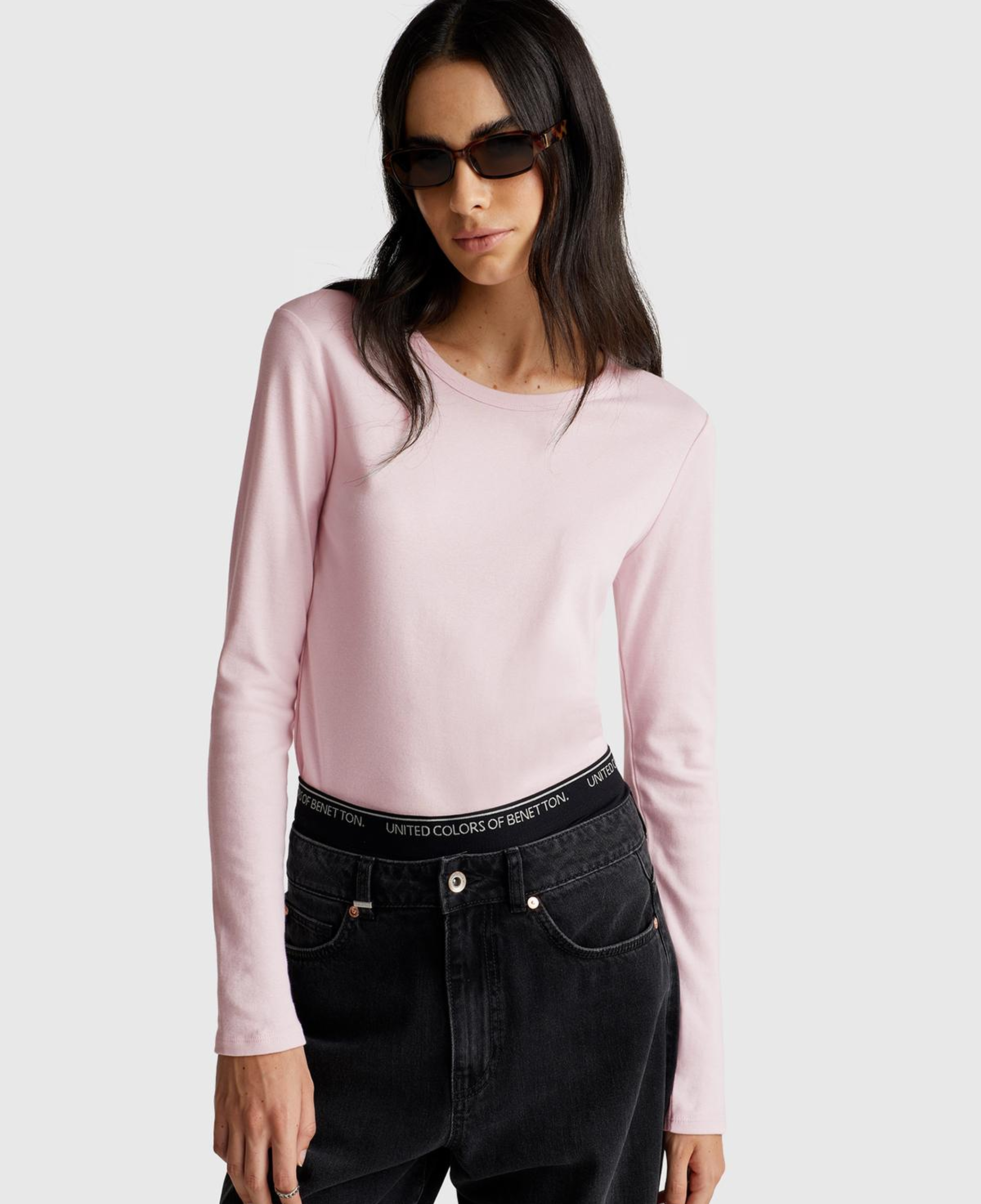 Kadın Açık Pembe Basic Bisiklet Yaka Uzun Kollu T-Shirt