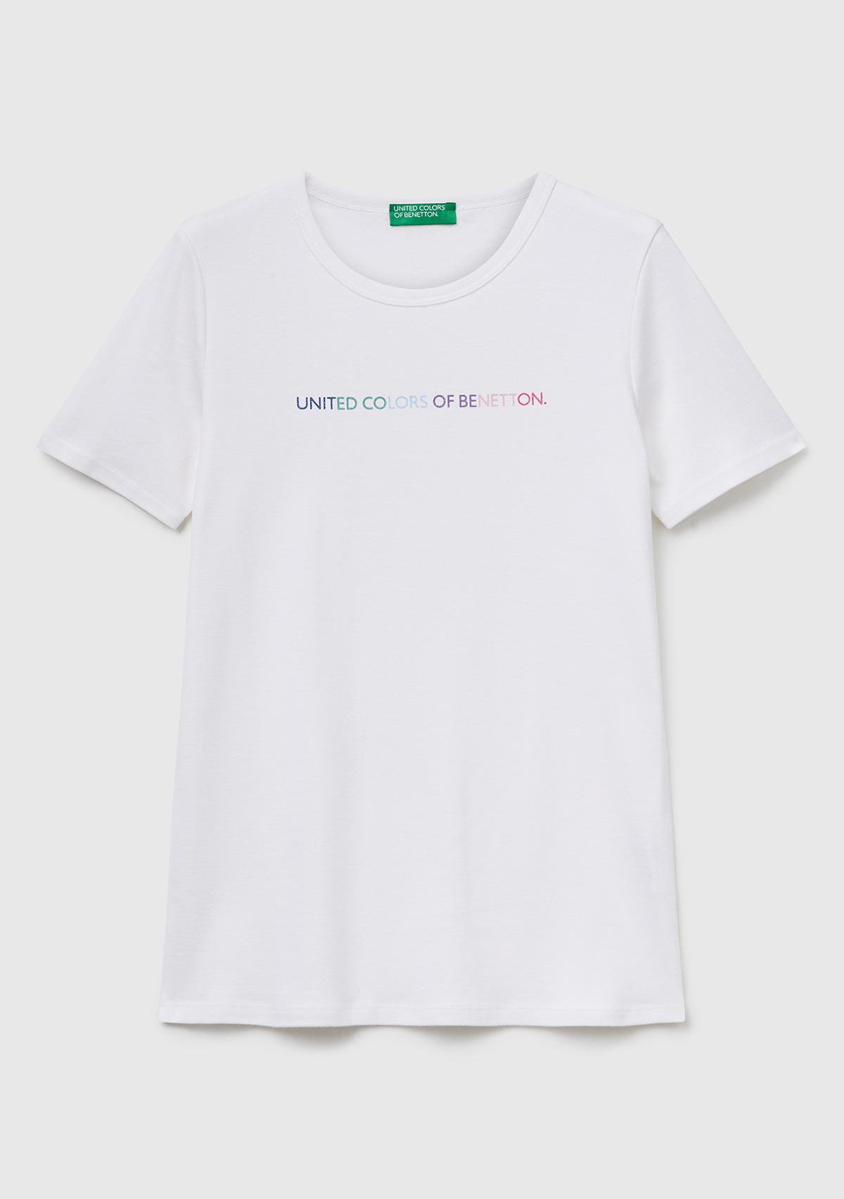 Kadın Beyaz-Renkli Yazılı %100 Koton Benetton Yazılı Basic T-Shirt