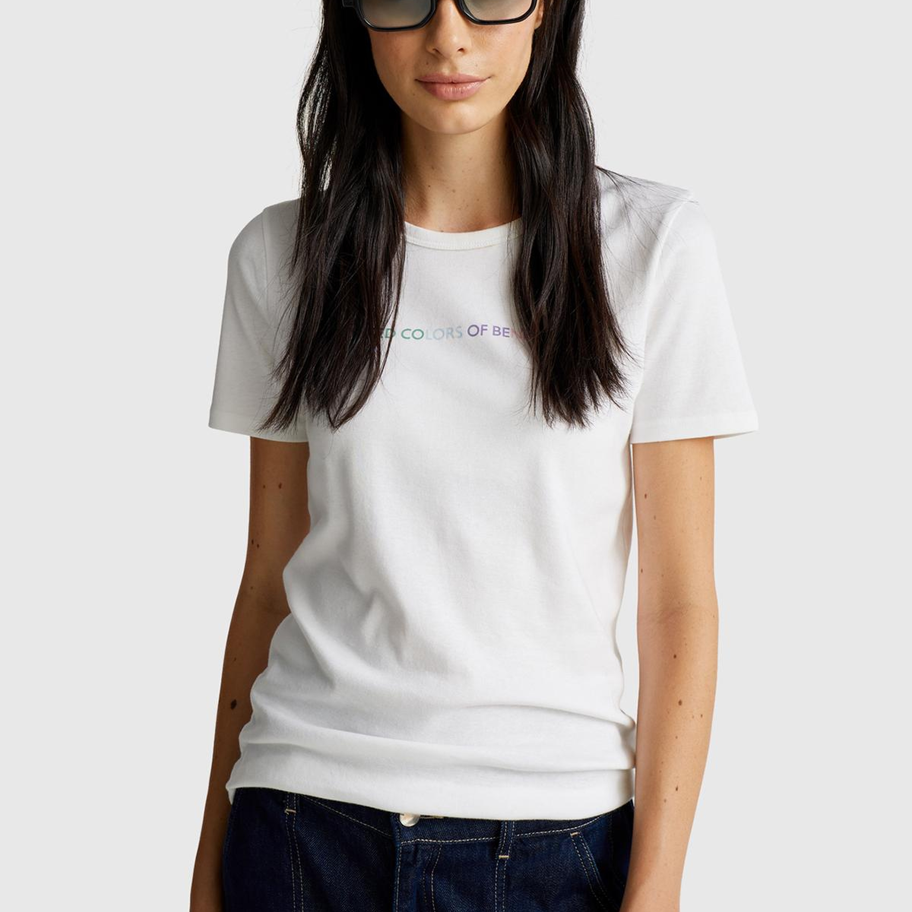 Kadın Beyaz-Renkli Yazılı %100 Koton Benetton Yazılı Basic T-Shirt