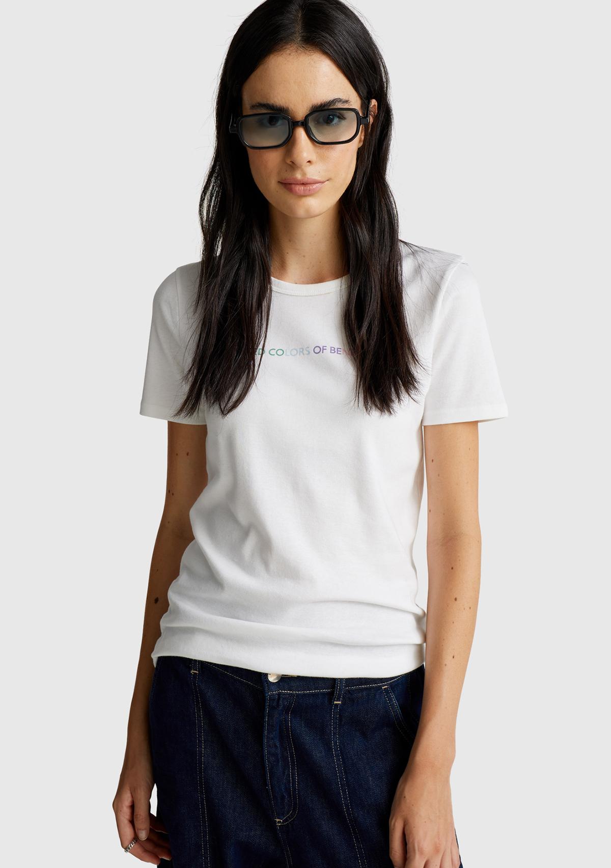 Kadın Beyaz-Renkli Yazılı %100 Koton Benetton Yazılı Basic T-Shirt
