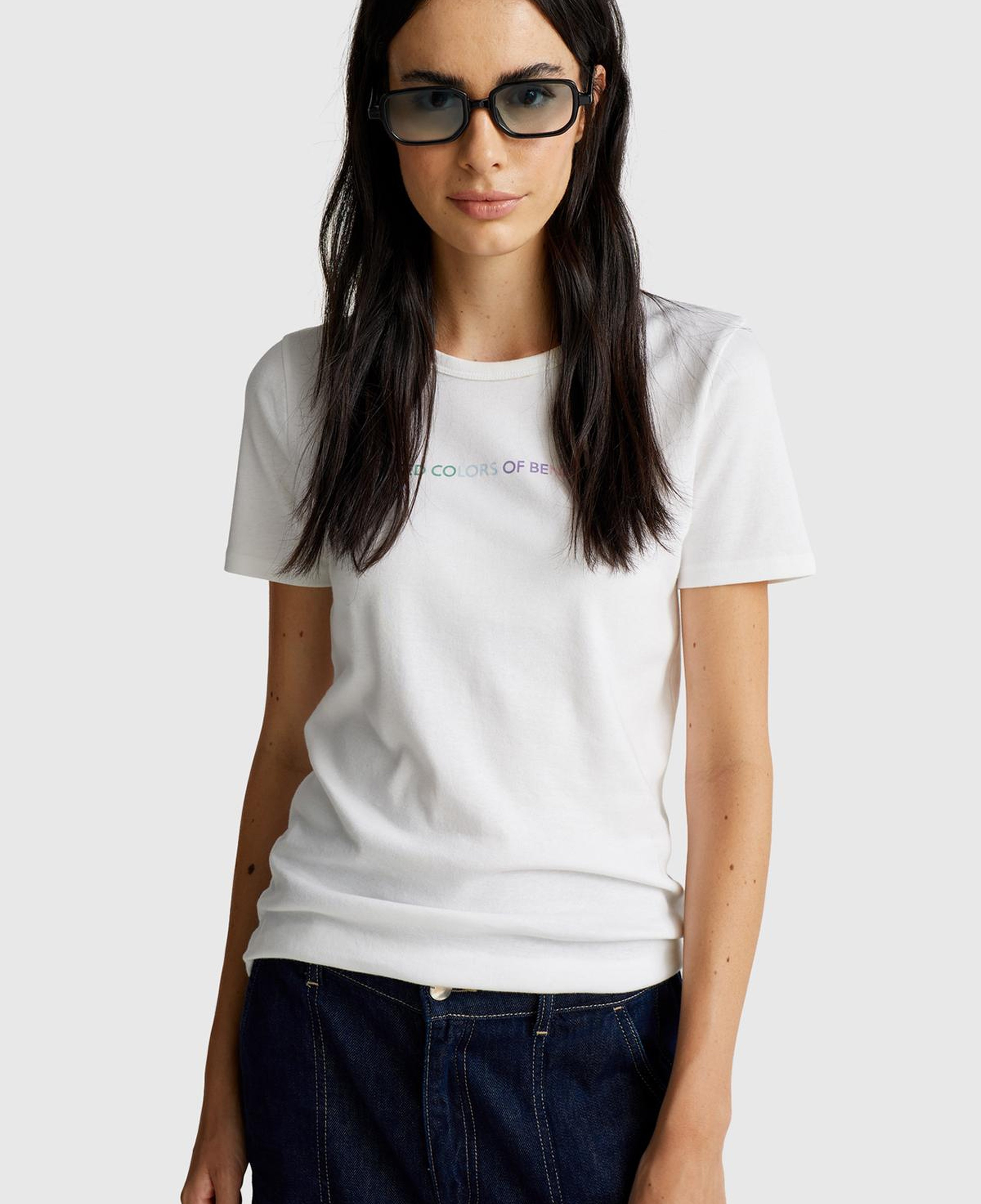Kadın Beyaz-Renkli Yazılı %100 Koton Benetton Yazılı Basic T-Shirt
