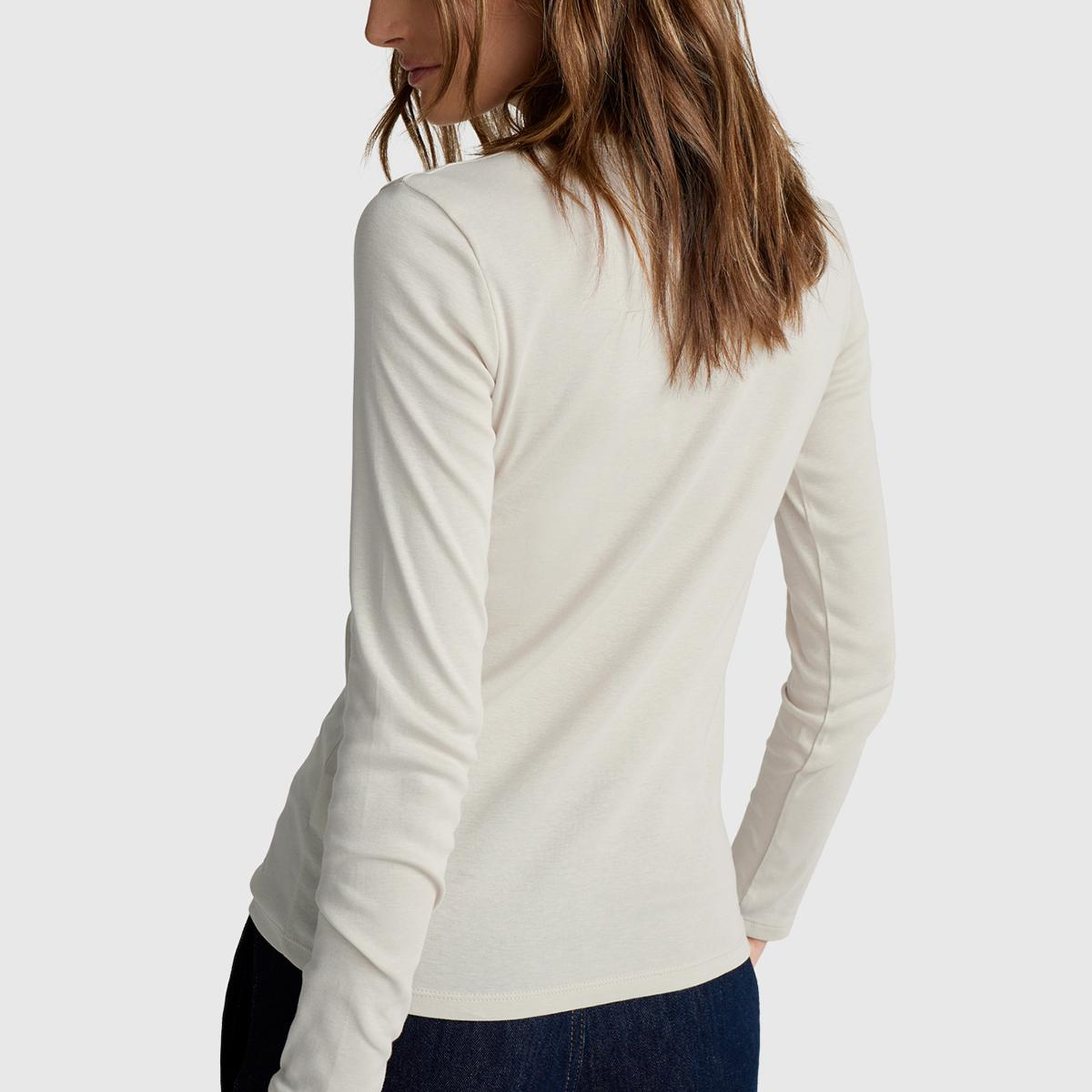 Kadın Krem Basic Bisiklet Yaka Uzun Kollu T-Shirt