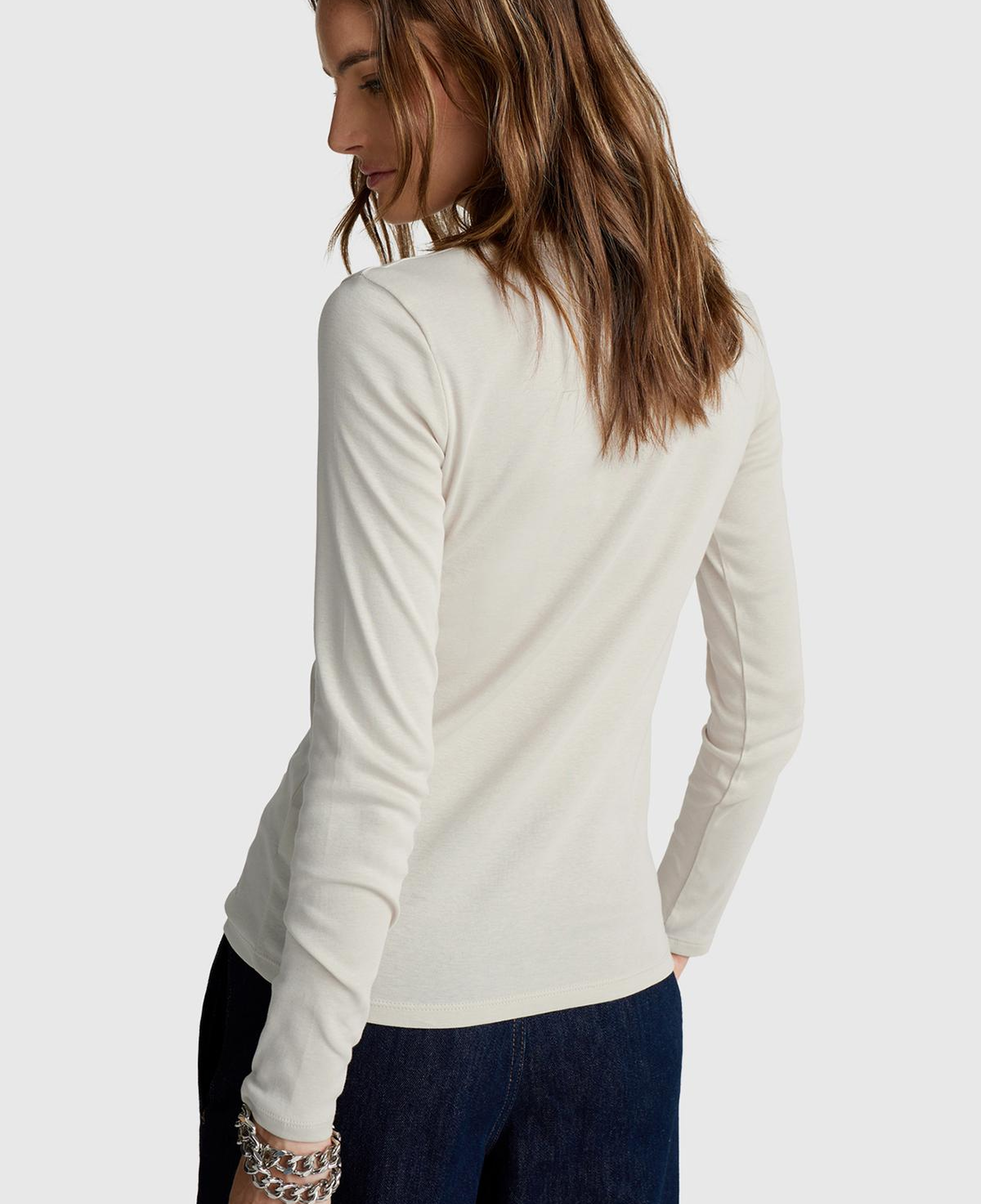 Kadın Krem Basic Bisiklet Yaka Uzun Kollu T-Shirt
