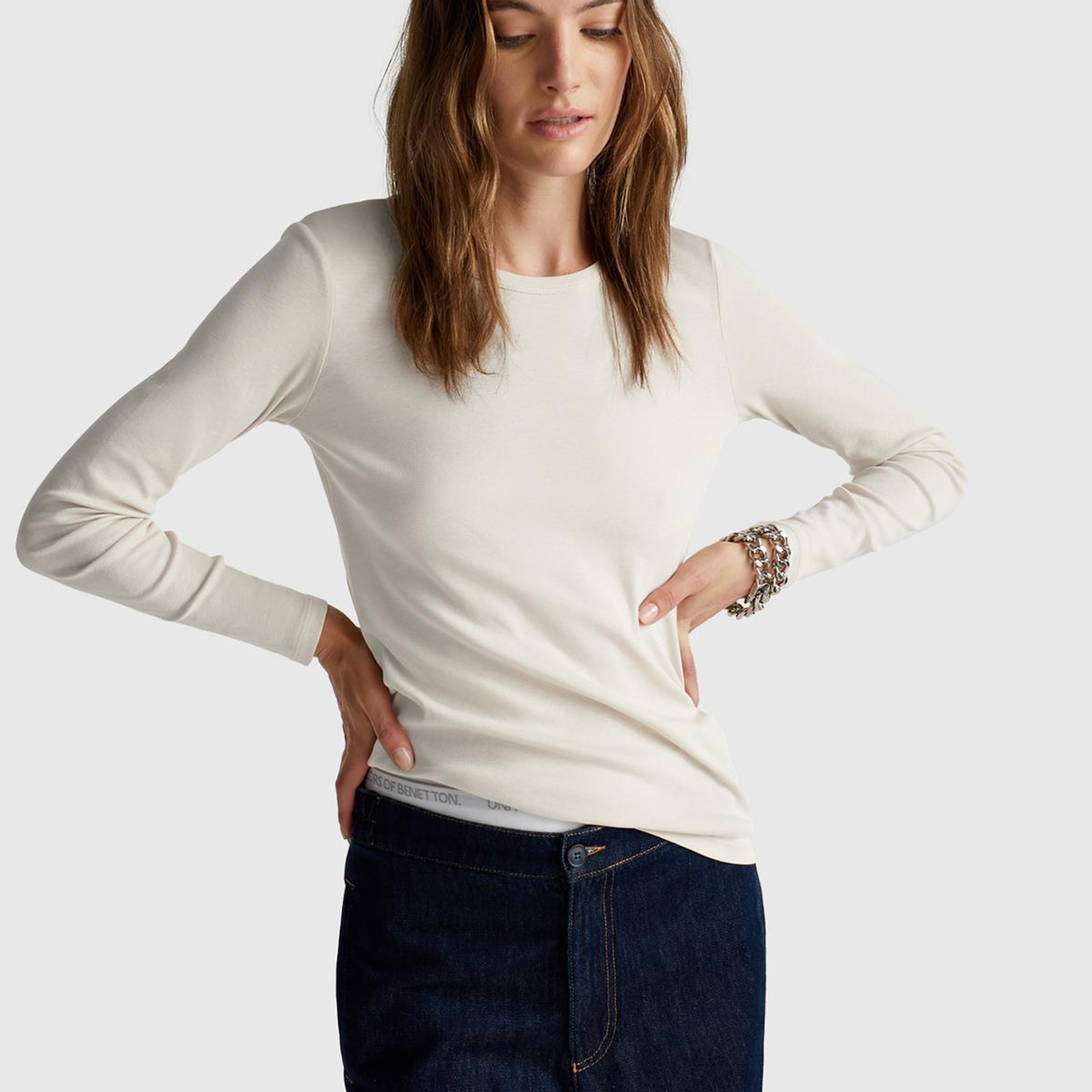 Kadın Krem Basic Bisiklet Yaka Uzun Kollu T-Shirt