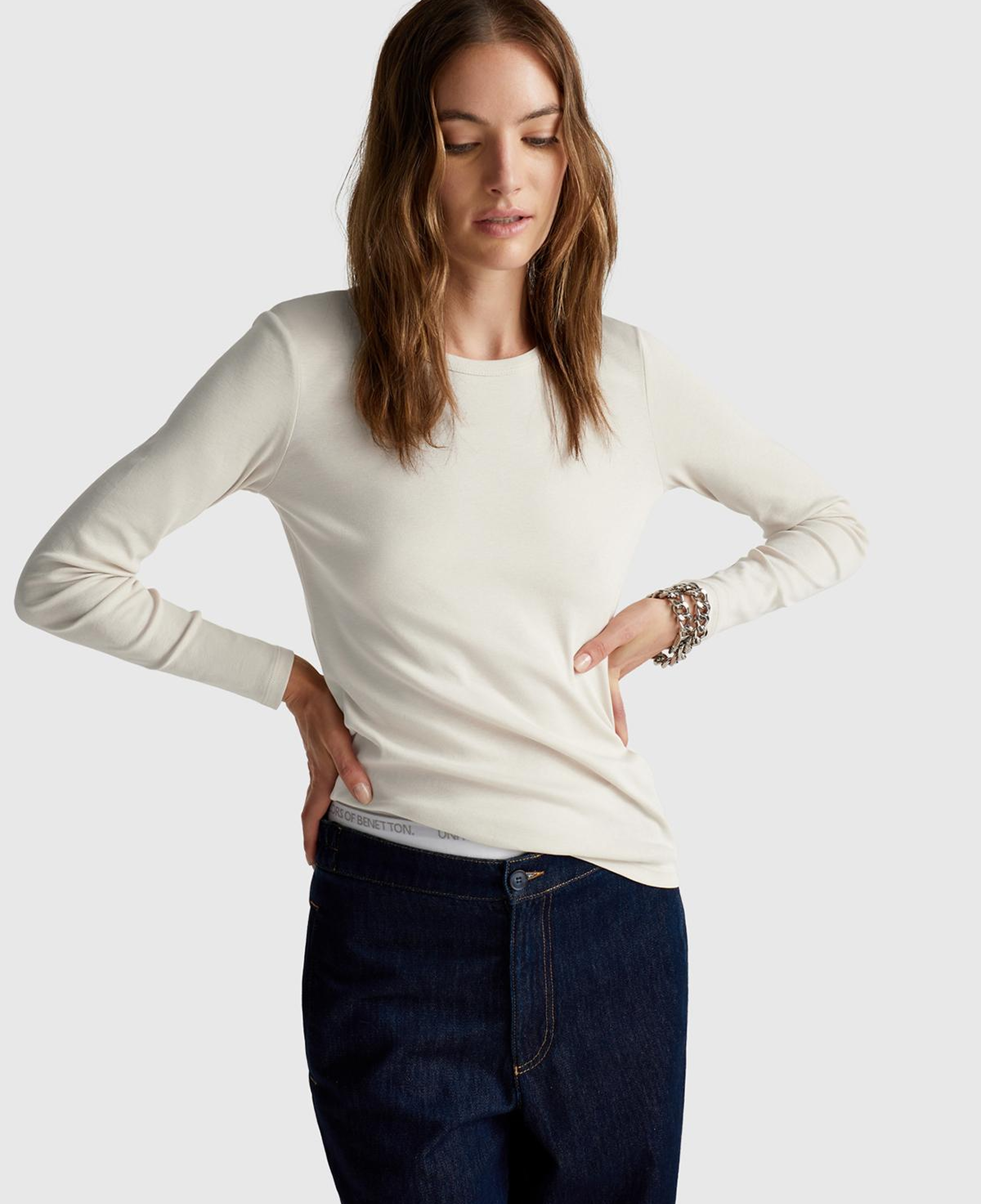 Kadın Krem Basic Bisiklet Yaka Uzun Kollu T-Shirt