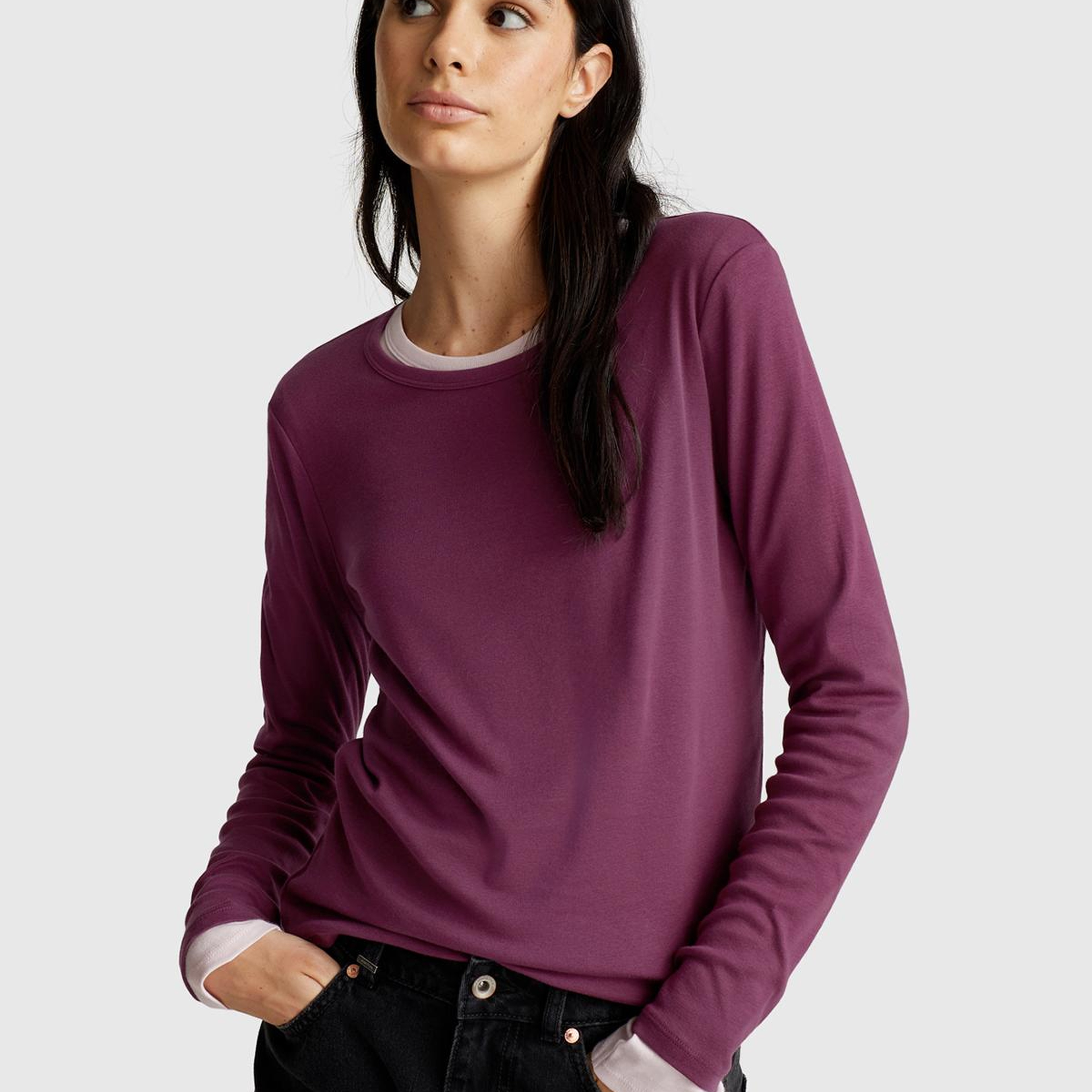 Kadın Mürdüm Basic Bisiklet Yaka Uzun Kollu T-Shirt