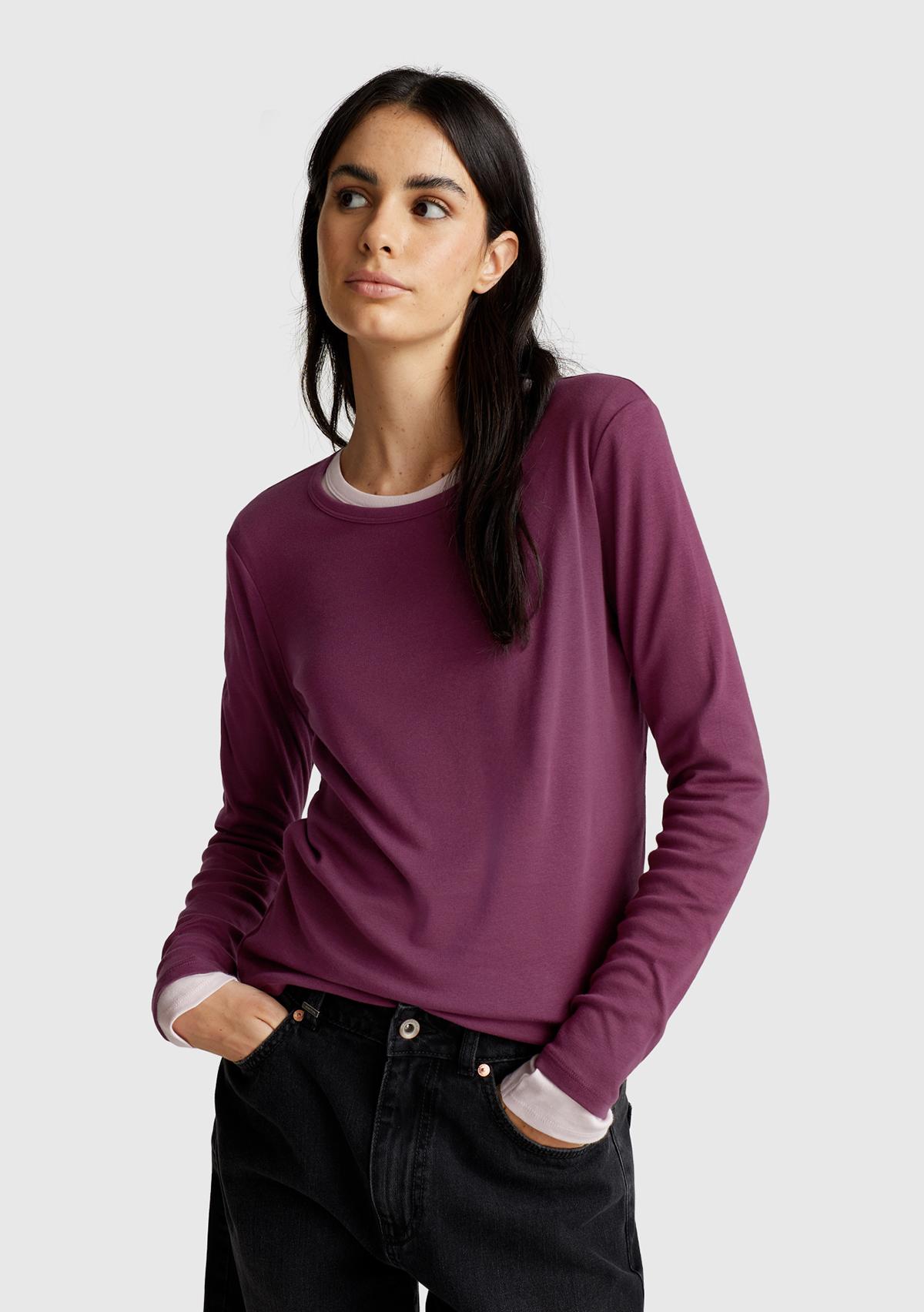 Kadın Mürdüm Basic Bisiklet Yaka Uzun Kollu T-Shirt