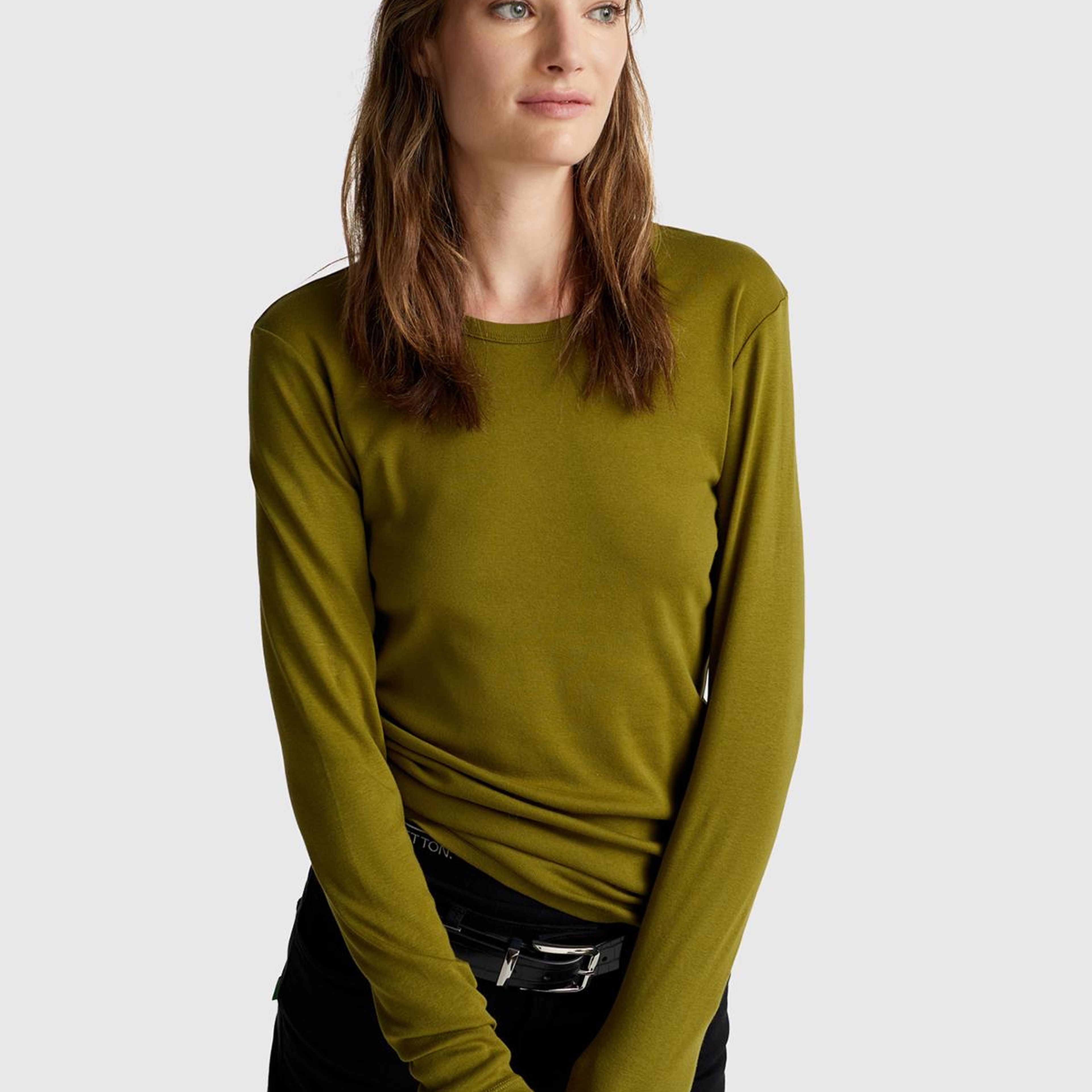 Kadın Haki Yeşili Basic Bisiklet Yaka Uzun Kollu T-Shirt