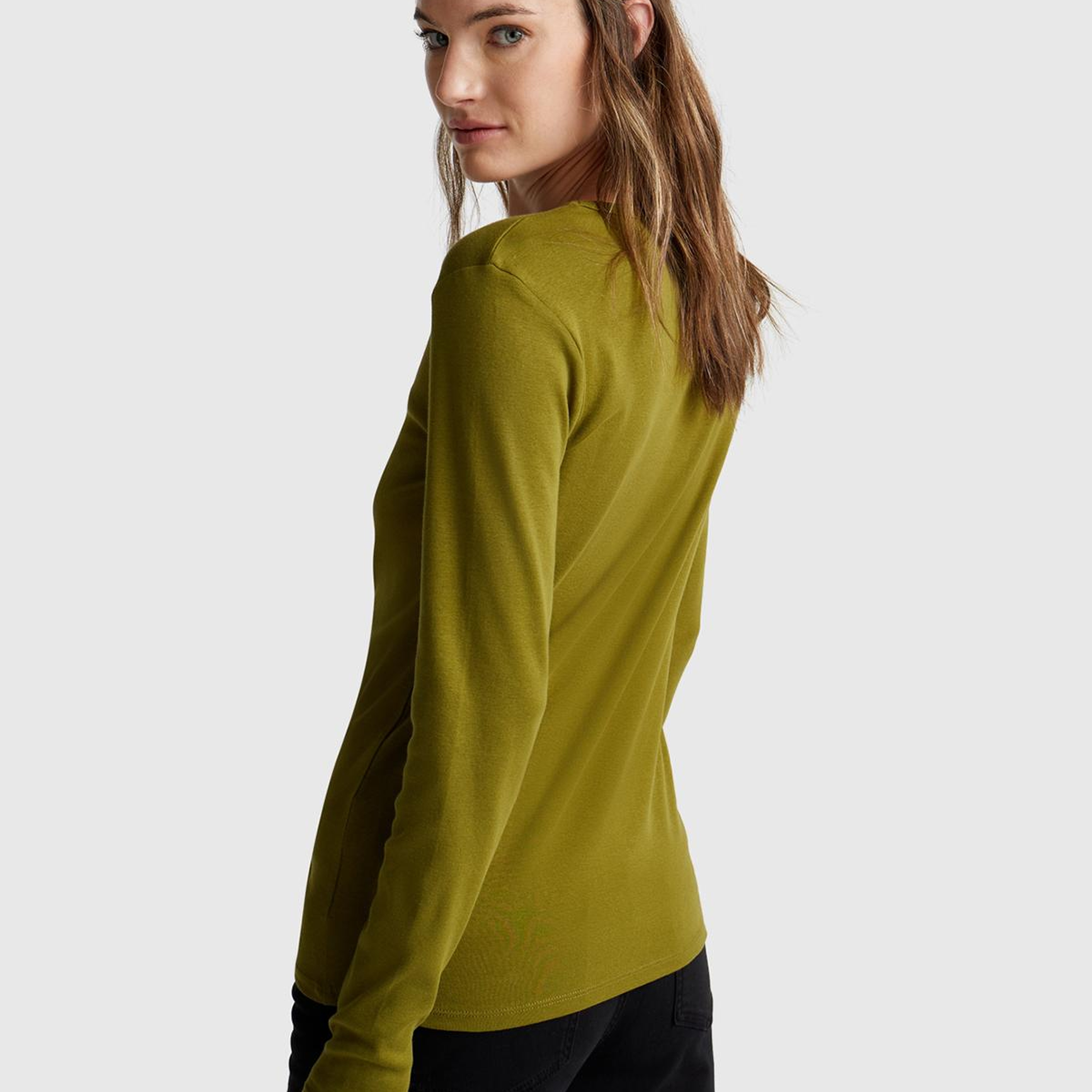 Kadın Haki Yeşili Basic Bisiklet Yaka Uzun Kollu T-Shirt