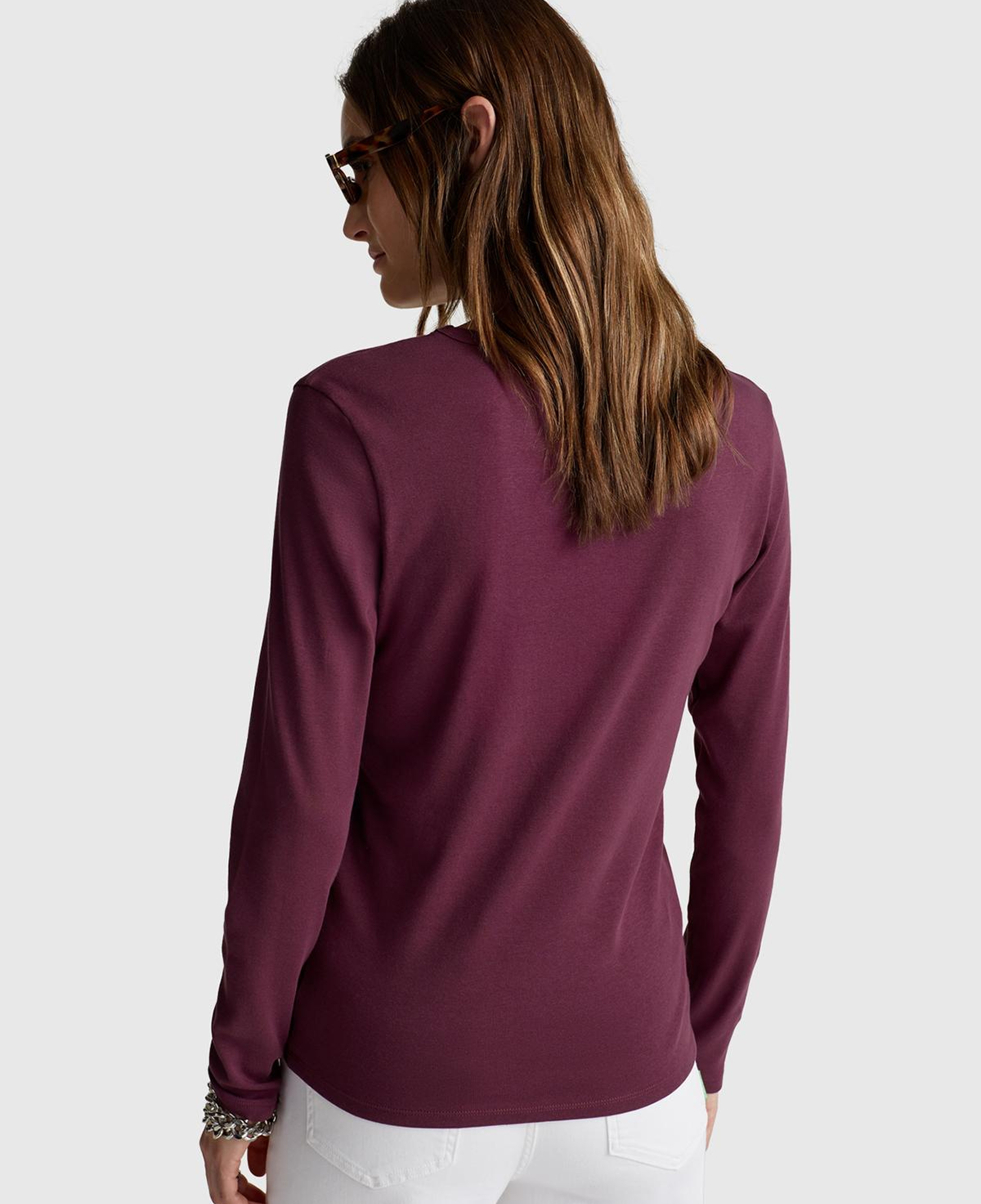 Kadın Mürdüm %100 Koton Bisiklet Yaka Benetton Yazılı Uzun Kollu T-Shirt