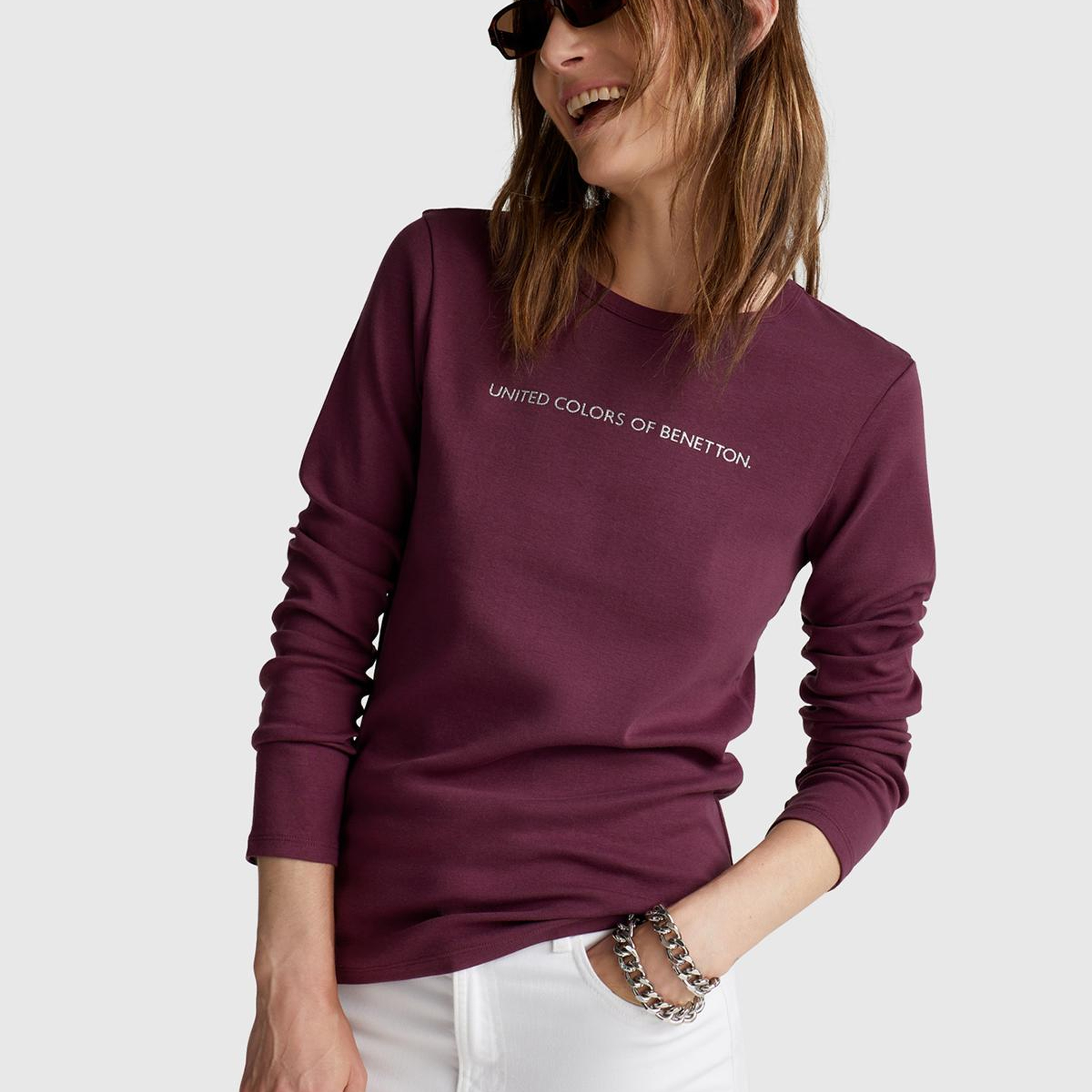 Kadın Mürdüm %100 Koton Bisiklet Yaka Benetton Yazılı Uzun Kollu T-Shirt