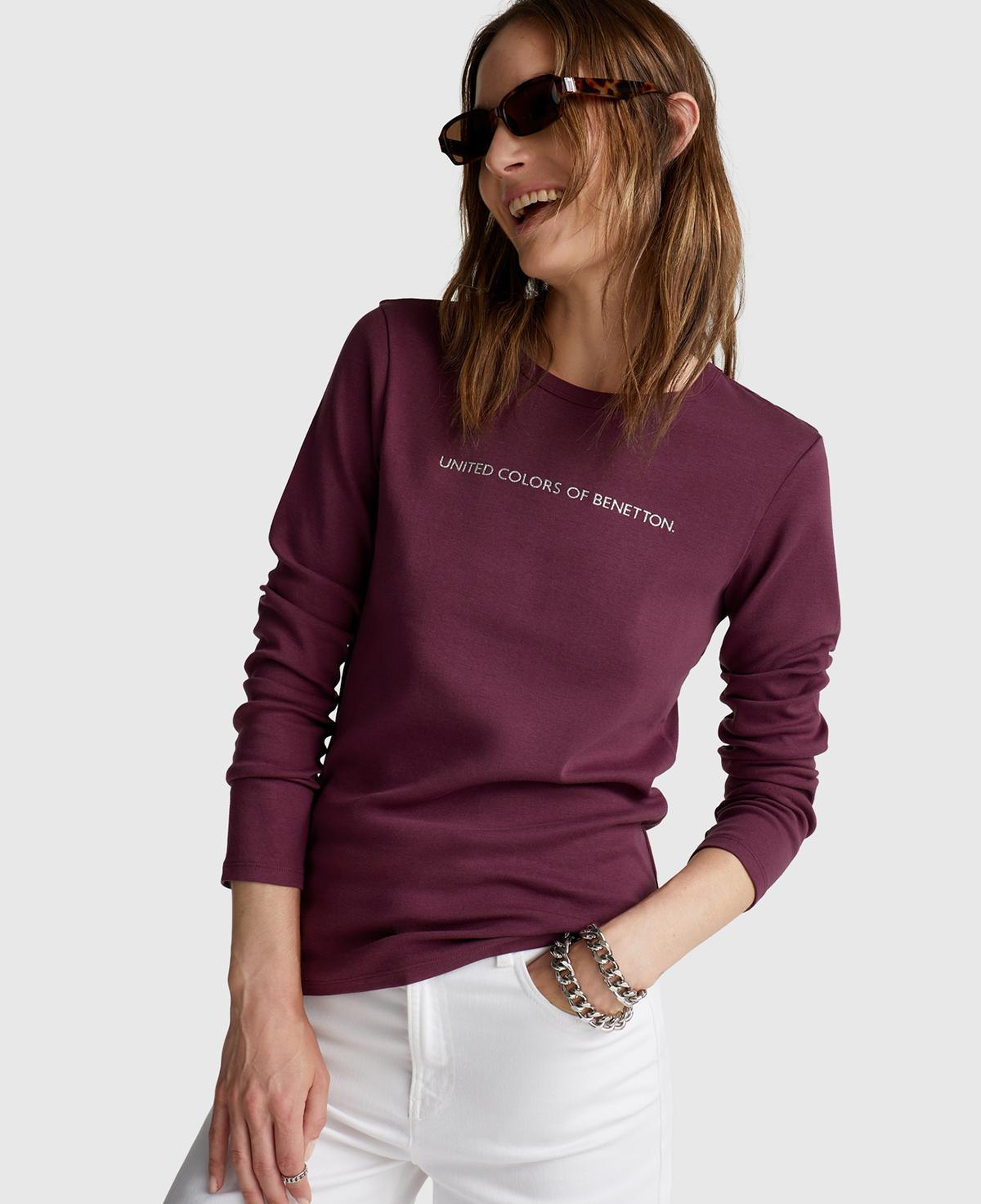 Kadın Mürdüm %100 Koton Bisiklet Yaka Benetton Yazılı Uzun Kollu T-Shirt