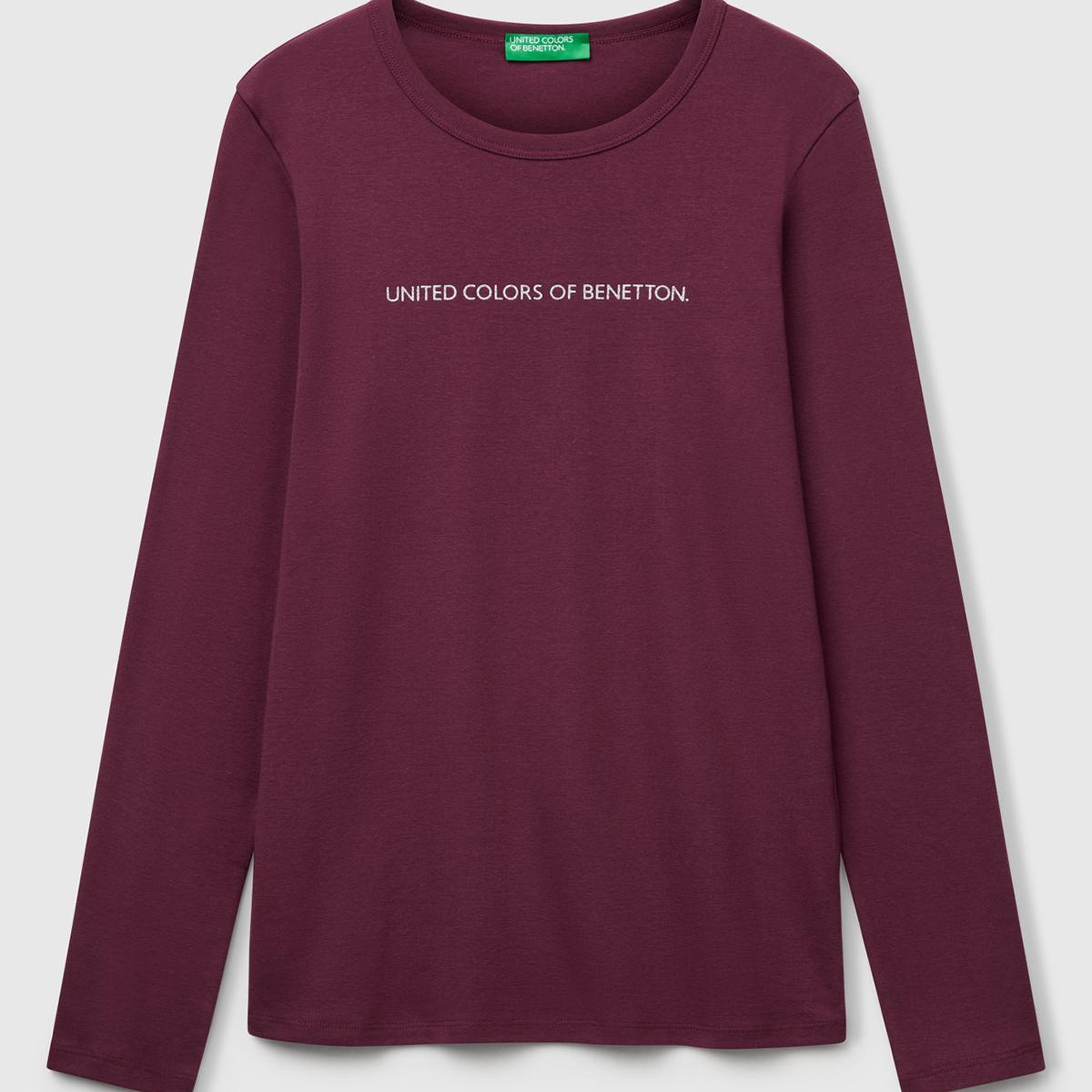 Kadın Mürdüm %100 Koton Bisiklet Yaka Benetton Yazılı Uzun Kollu T-Shirt