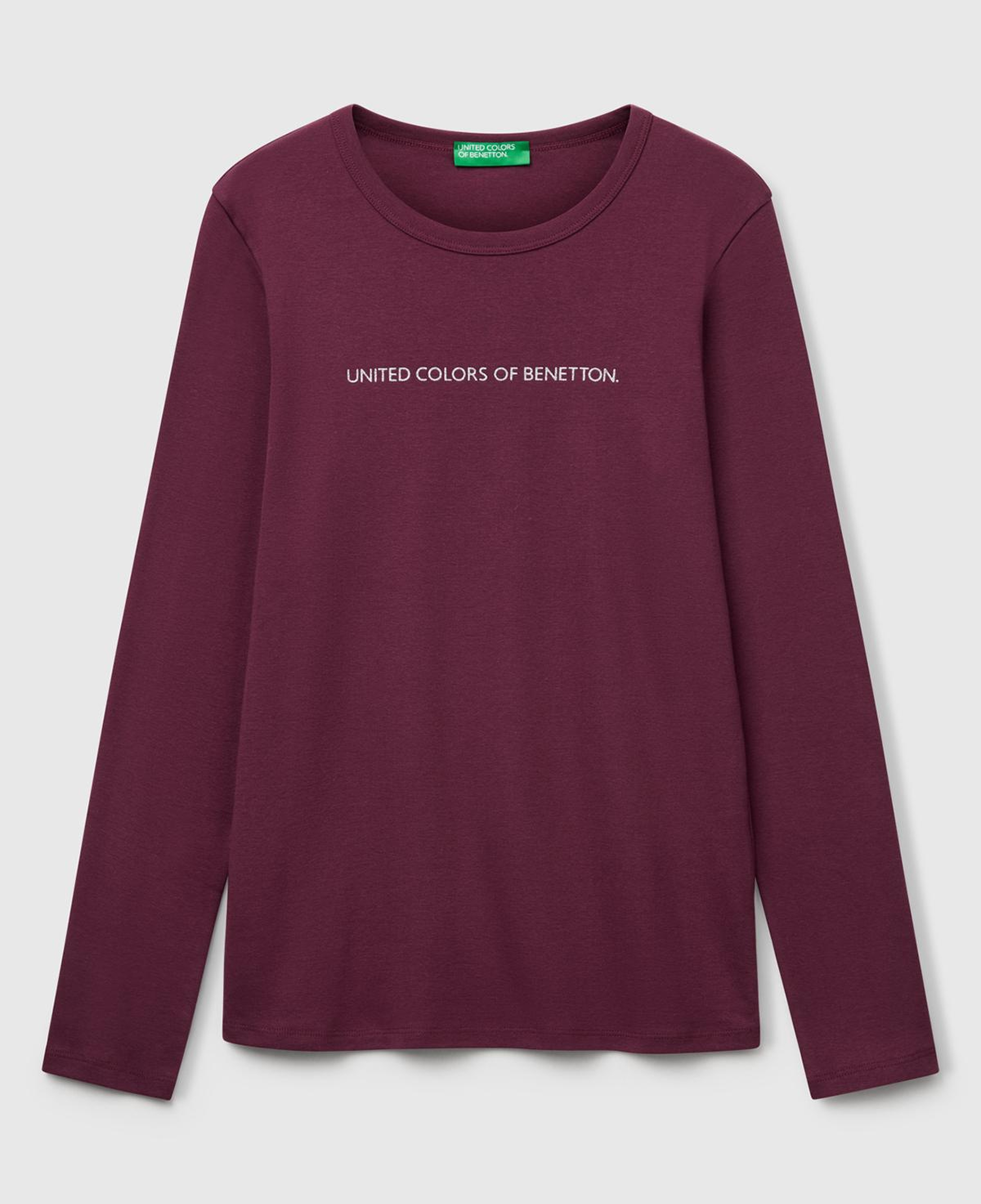 Kadın Mürdüm %100 Koton Bisiklet Yaka Benetton Yazılı Uzun Kollu T-Shirt