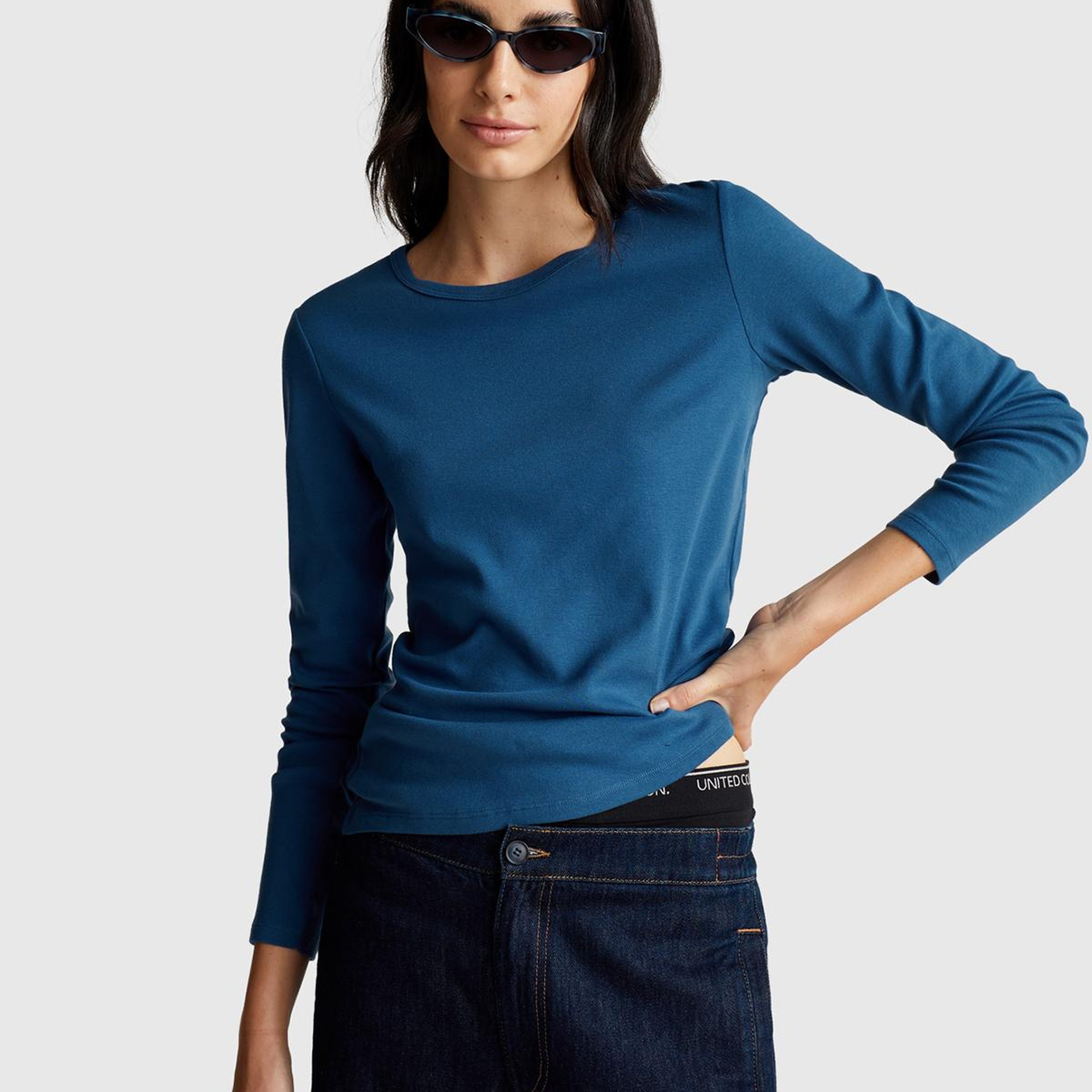 Kadın İndigo Mavisi Basic Bisiklet Yaka Uzun Kollu T-Shirt