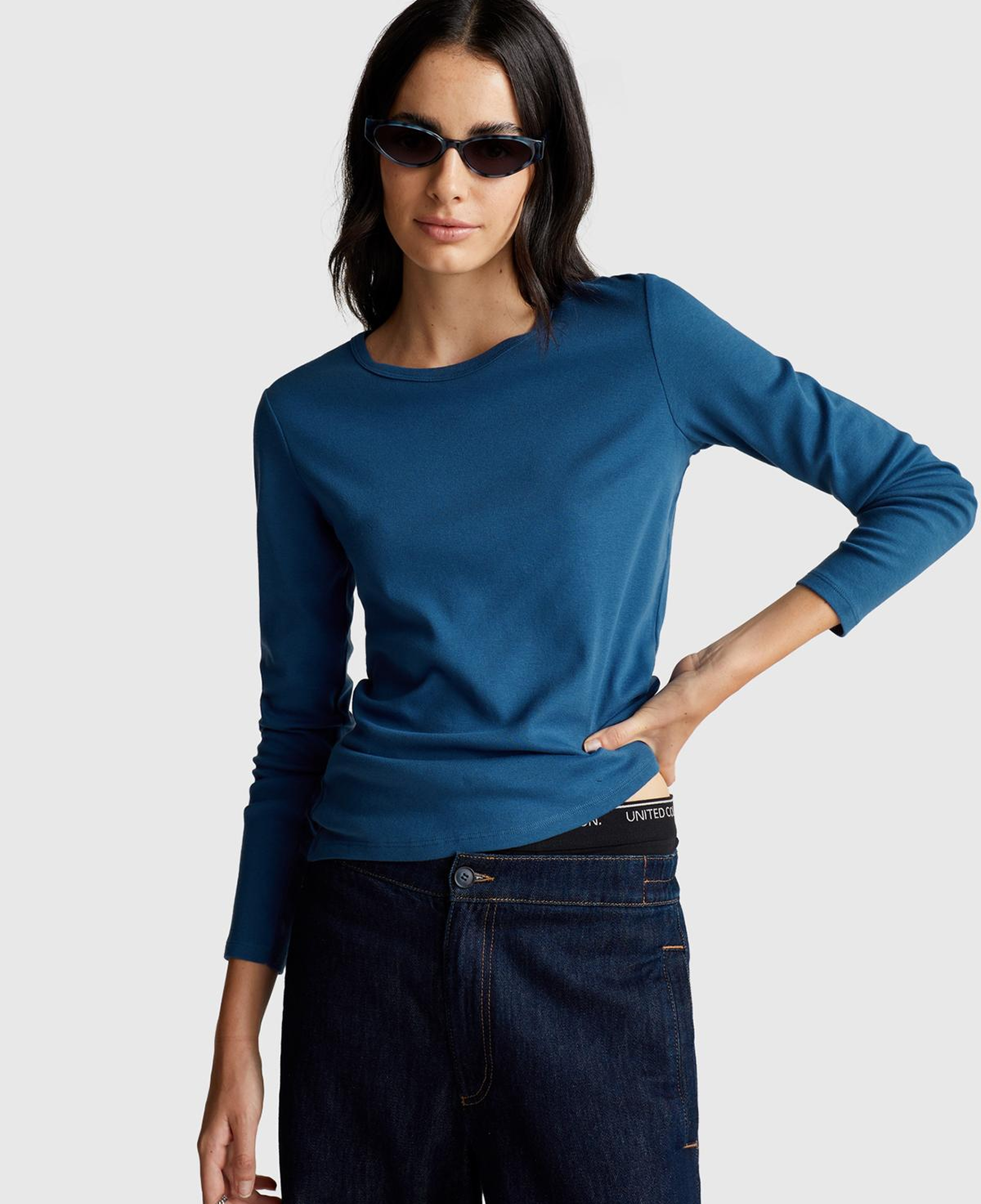 Kadın İndigo Mavisi Basic Bisiklet Yaka Uzun Kollu T-Shirt