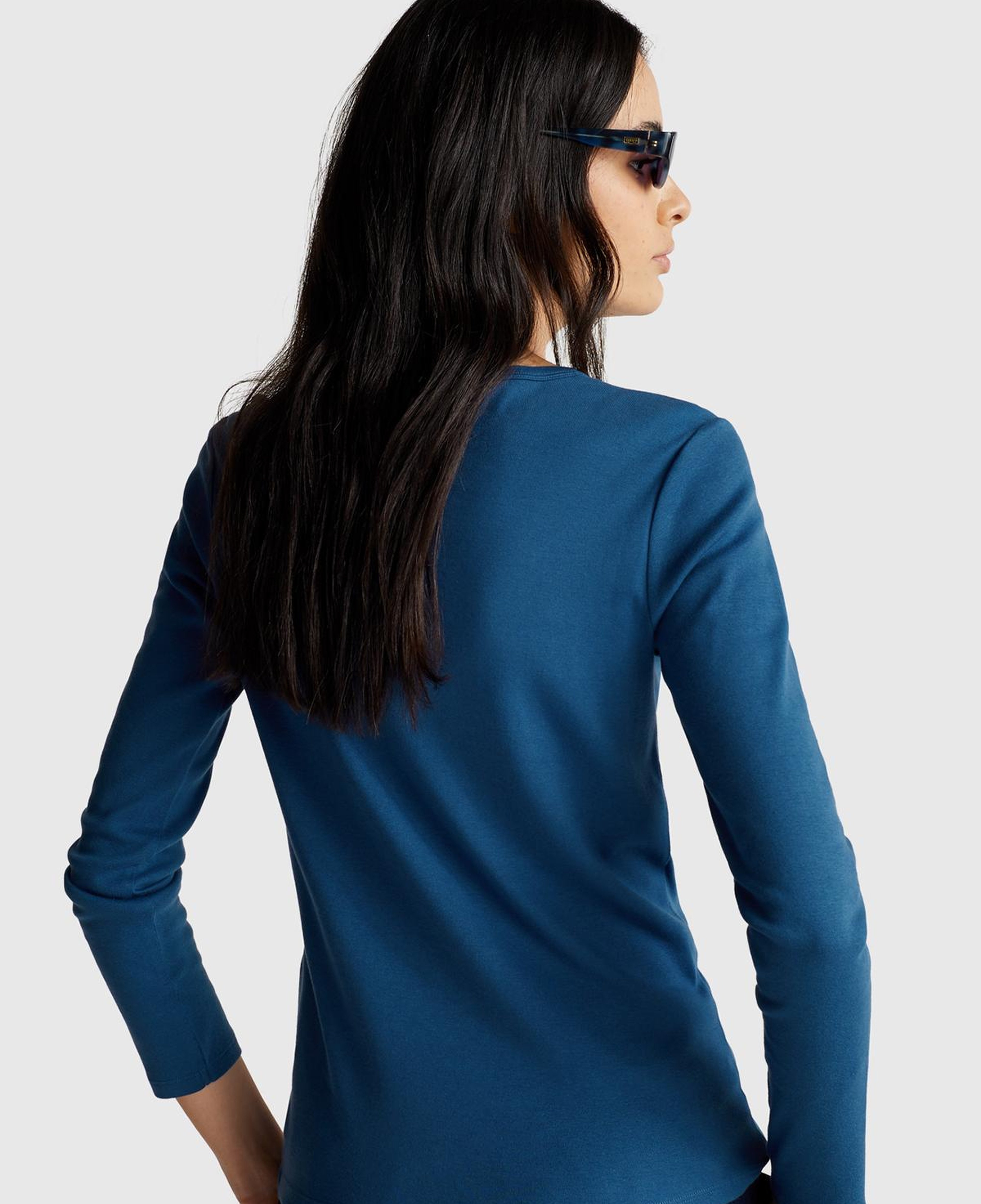 Kadın İndigo Mavisi Basic Bisiklet Yaka Uzun Kollu T-Shirt