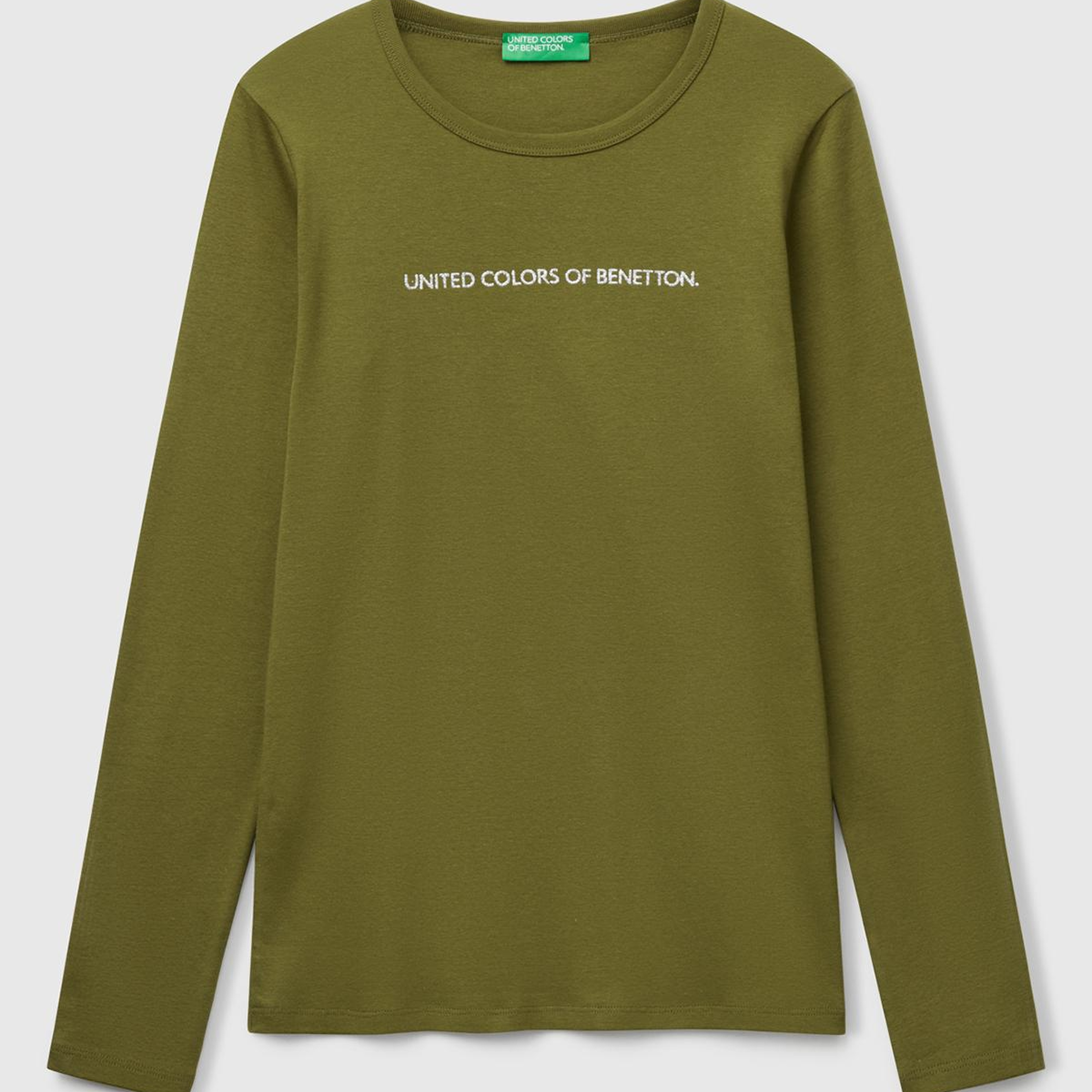Kadın Haki Yeşili %100 Koton Bisiklet Yaka Benetton Yazılı Uzun Kollu T-Shirt