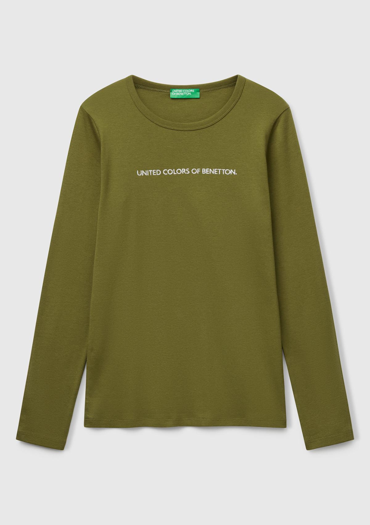 Kadın Haki Yeşili %100 Koton Bisiklet Yaka Benetton Yazılı Uzun Kollu T-Shirt