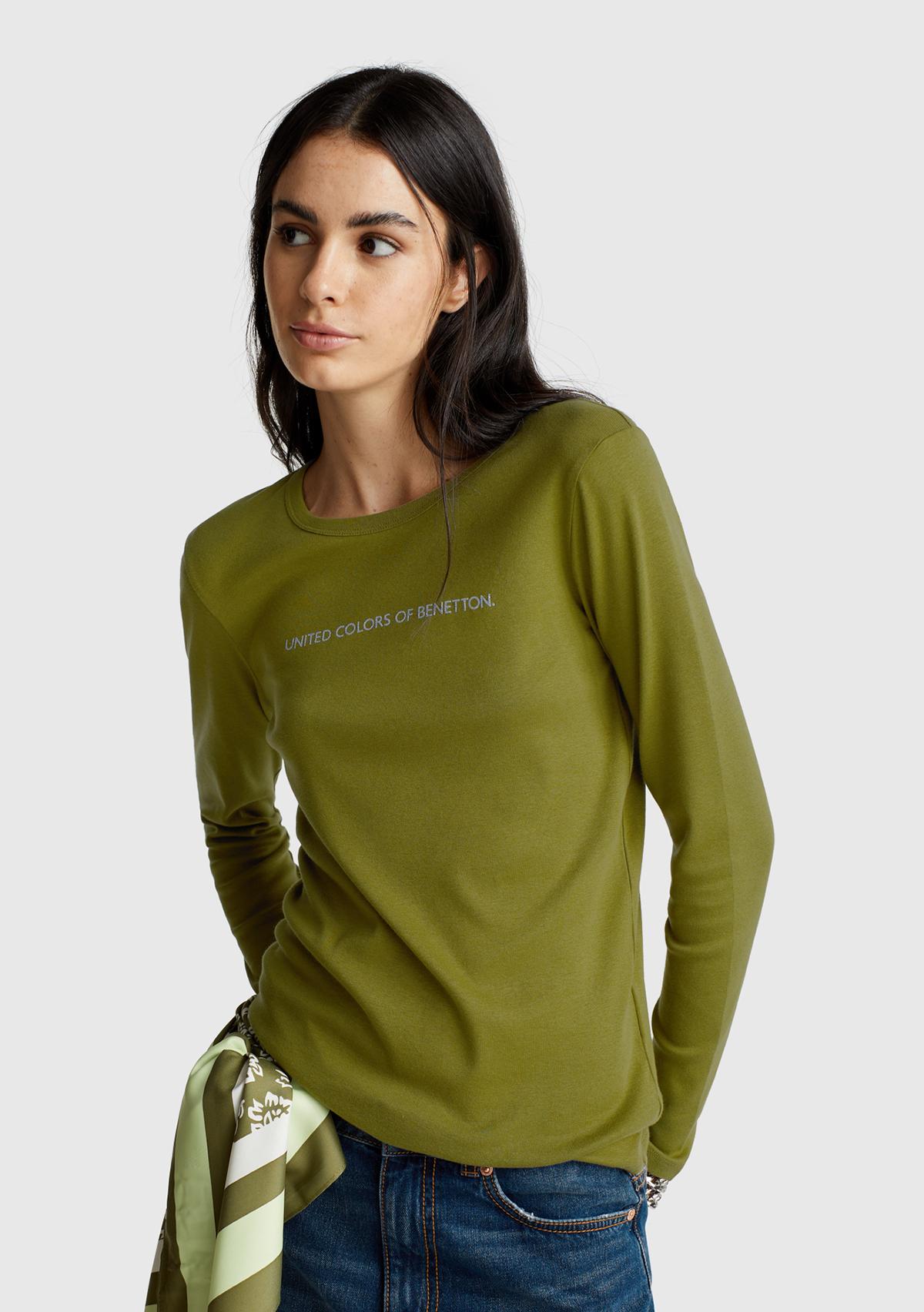 Kadın Haki Yeşili %100 Koton Bisiklet Yaka Benetton Yazılı Uzun Kollu T-Shirt