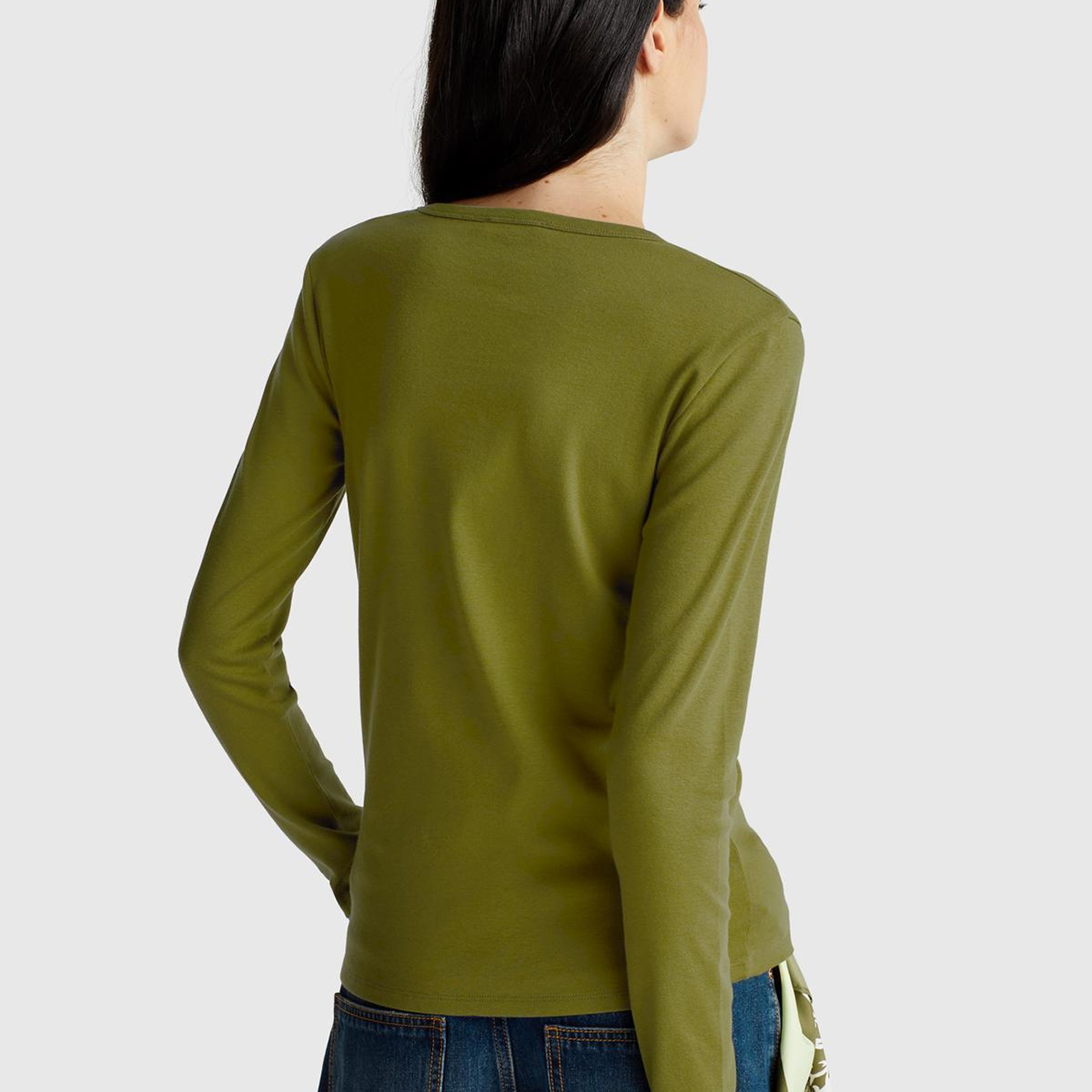 Kadın Haki Yeşili %100 Koton Bisiklet Yaka Benetton Yazılı Uzun Kollu T-Shirt