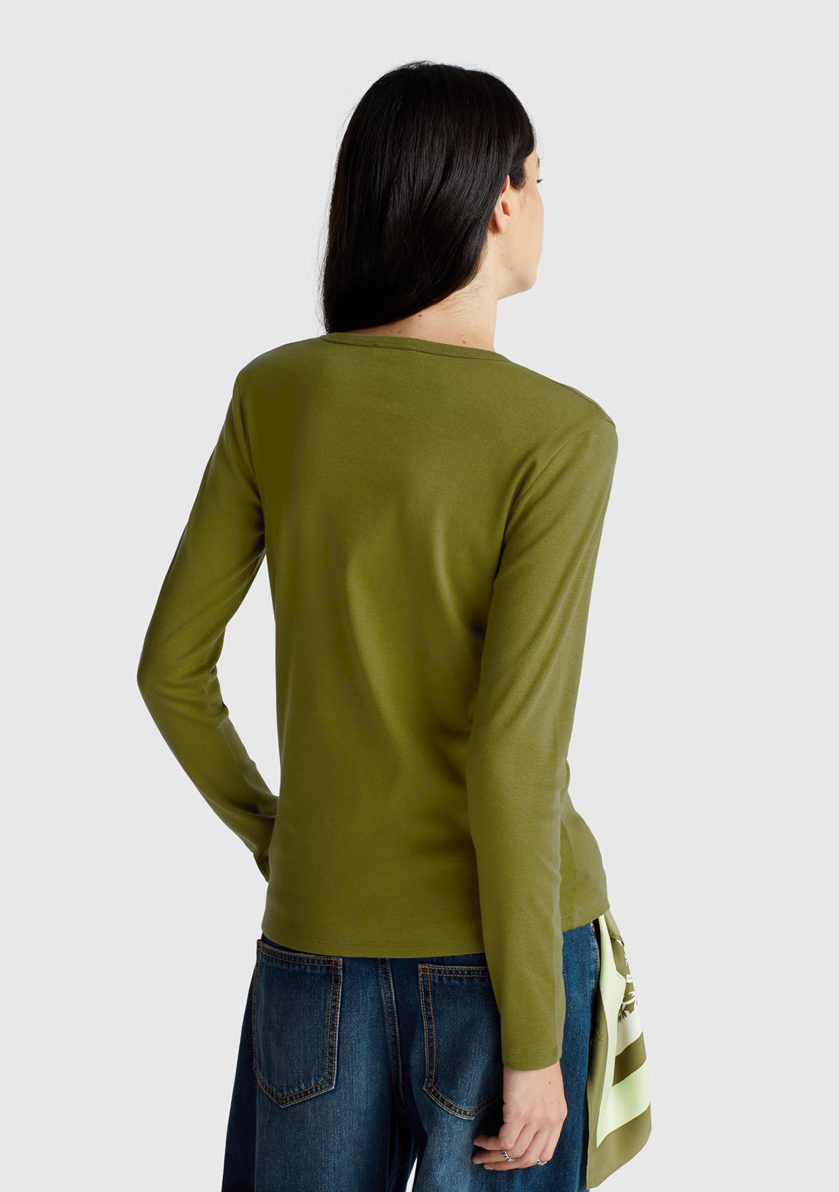 Kadın Haki Yeşili %100 Koton Bisiklet Yaka Benetton Yazılı Uzun Kollu T-Shirt