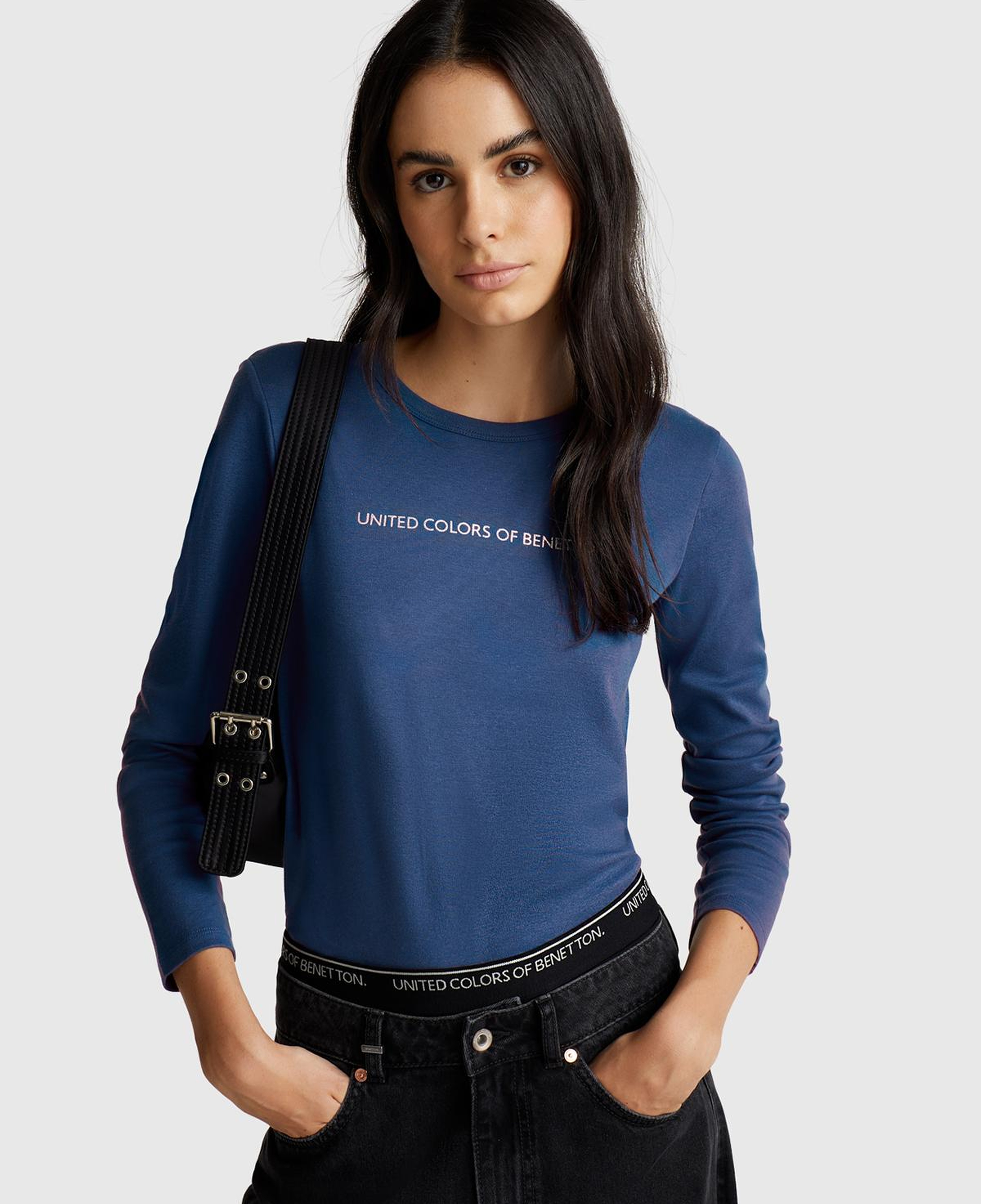 Kadın İndigo Mavisi %100 Koton Bisiklet Yaka Benetton Yazılı Uzun Kollu T-Shirt