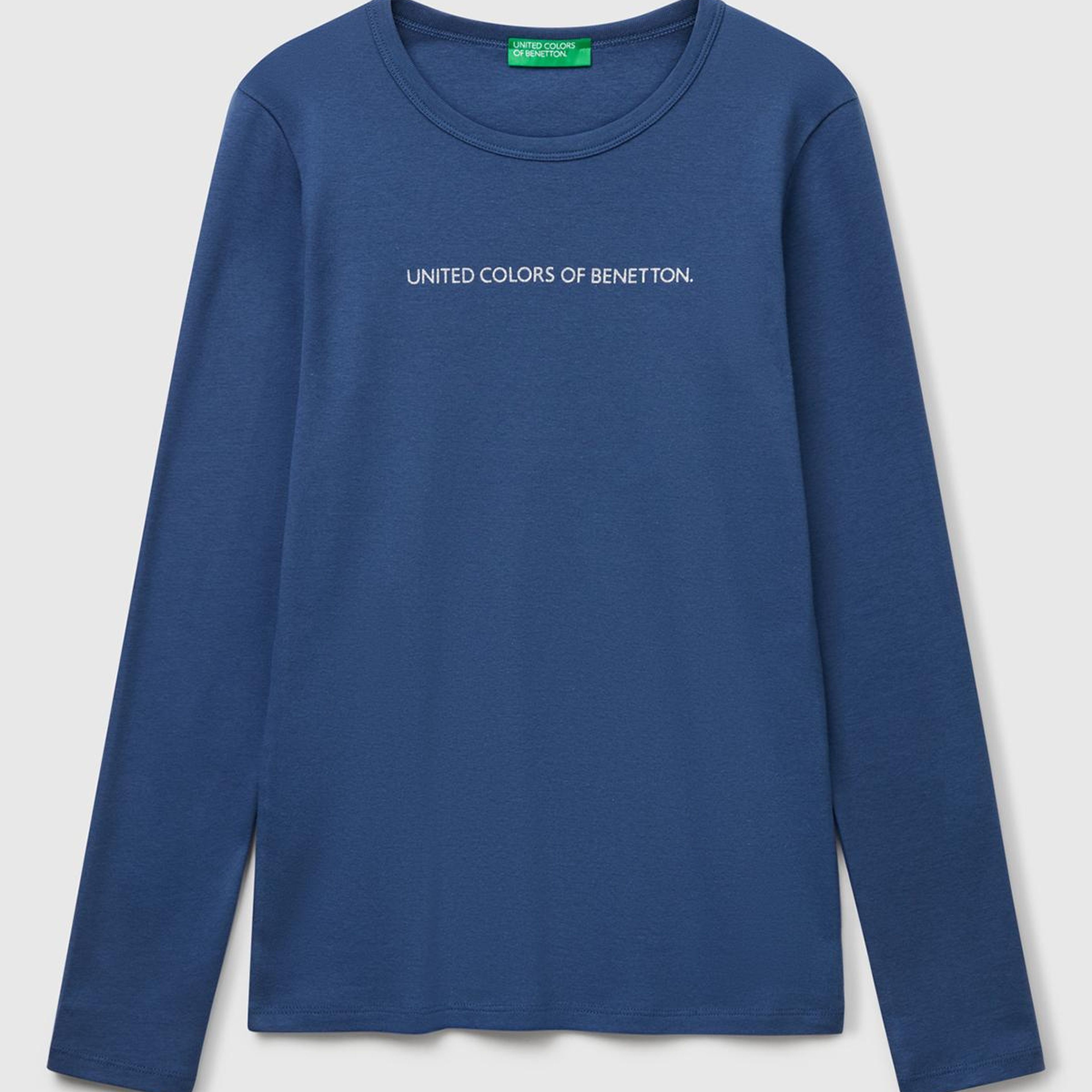 Kadın İndigo Mavisi %100 Koton Bisiklet Yaka Benetton Yazılı Uzun Kollu T-Shirt
