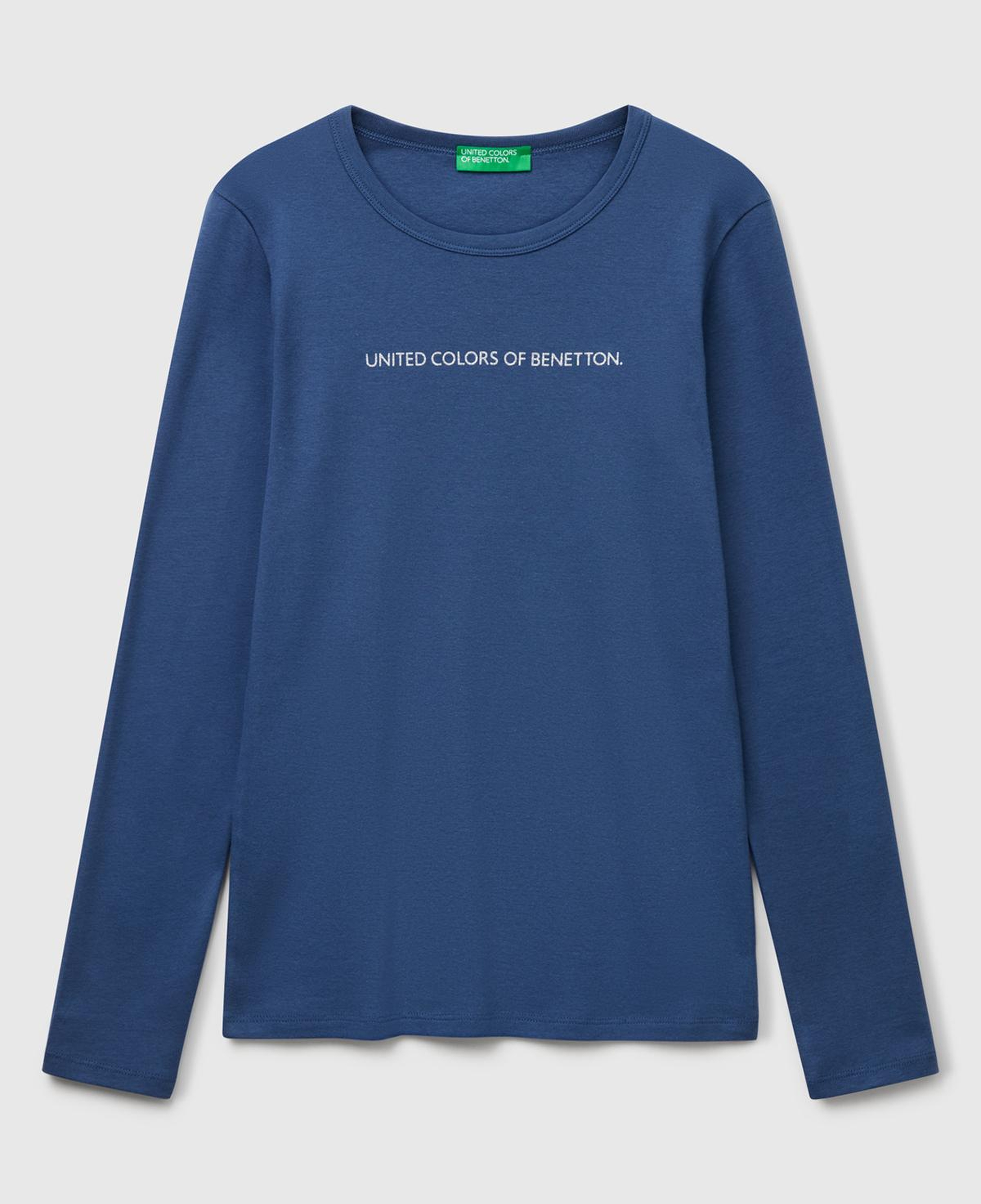 Kadın İndigo Mavisi %100 Koton Bisiklet Yaka Benetton Yazılı Uzun Kollu T-Shirt