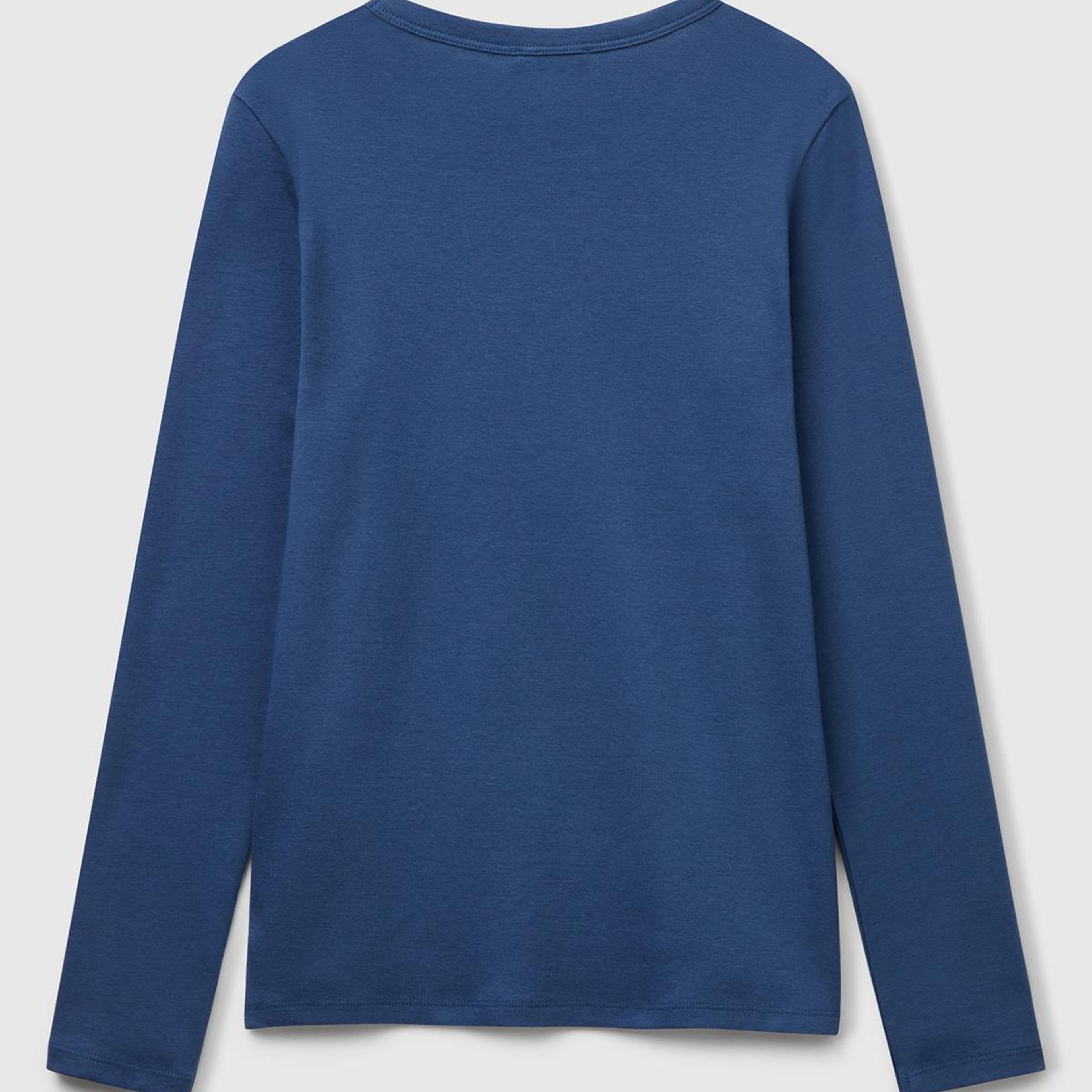 Kadın İndigo Mavisi %100 Koton Bisiklet Yaka Benetton Yazılı Uzun Kollu T-Shirt