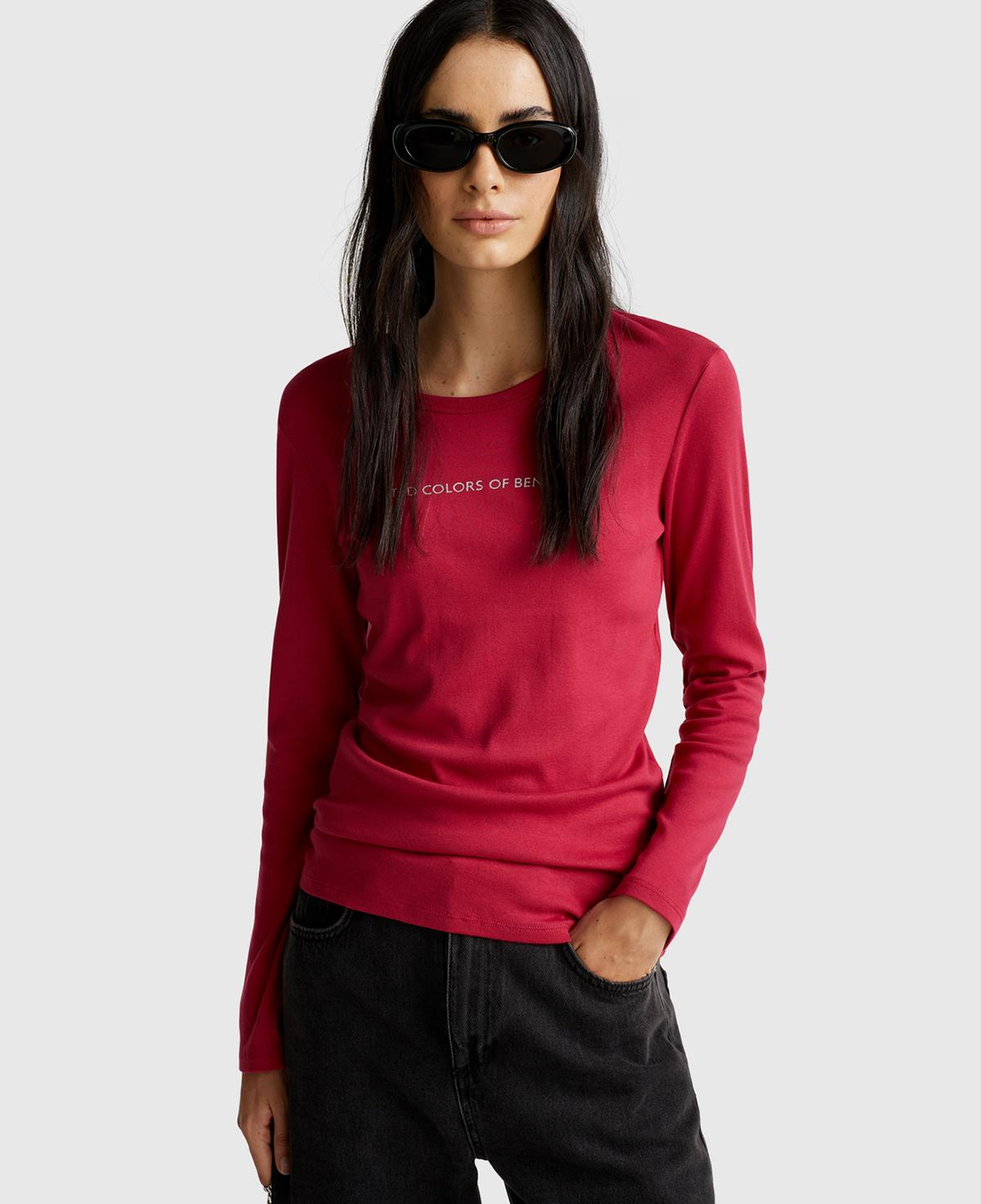 Kadın Fuşya %100 Koton Bisiklet Yaka Benetton Yazılı Uzun Kollu T-Shirt