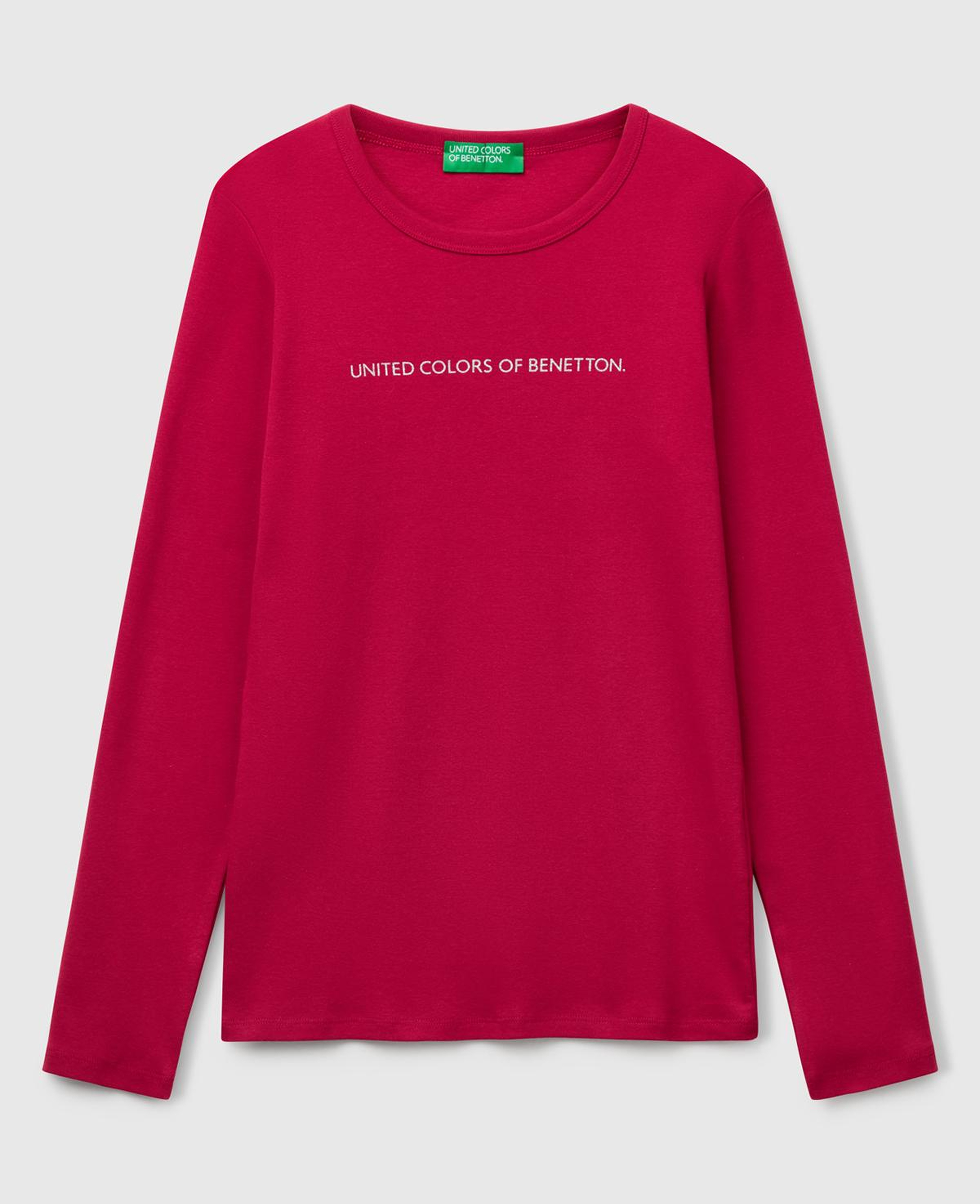Kadın Fuşya %100 Koton Bisiklet Yaka Benetton Yazılı Uzun Kollu T-Shirt