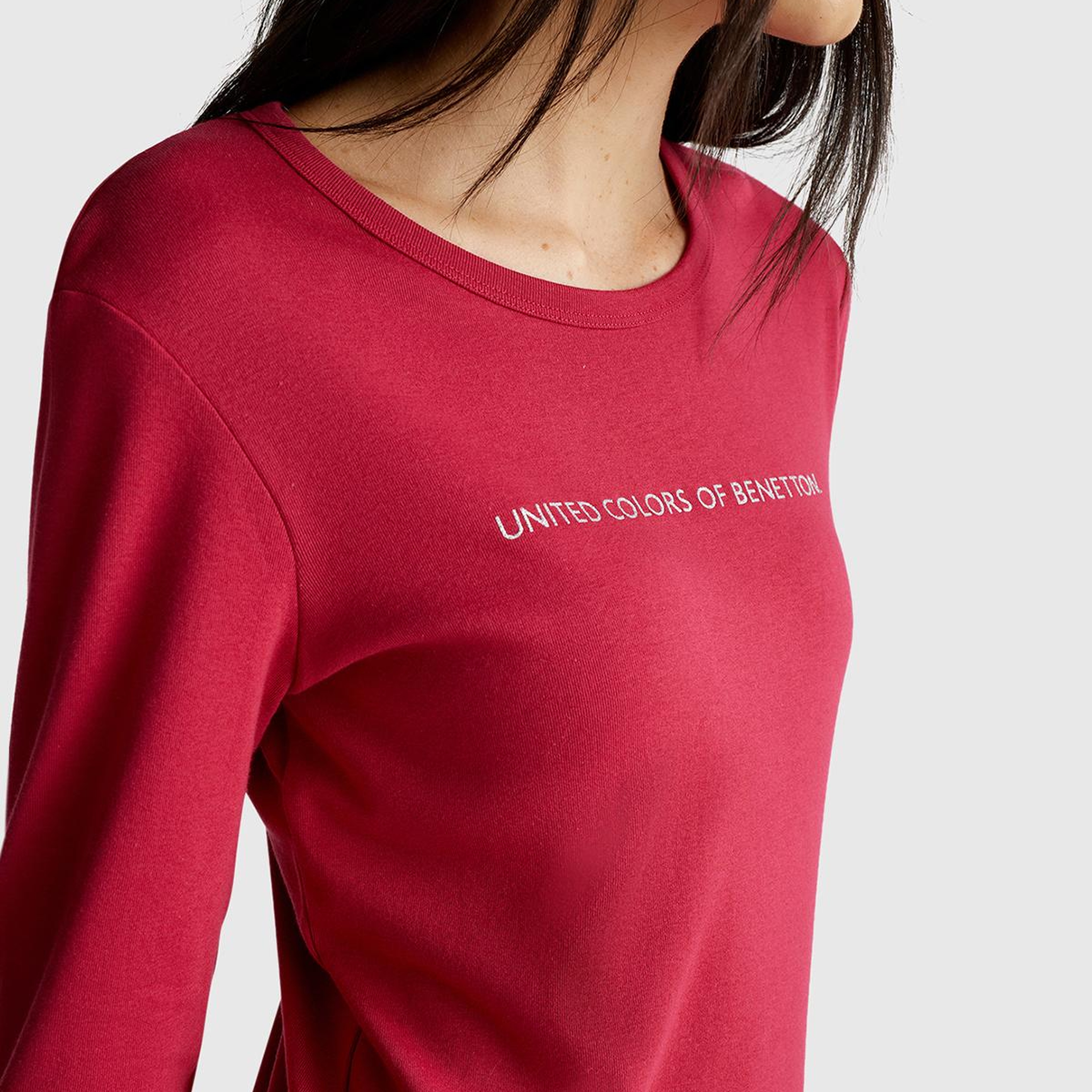 Kadın Fuşya %100 Koton Bisiklet Yaka Benetton Yazılı Uzun Kollu T-Shirt