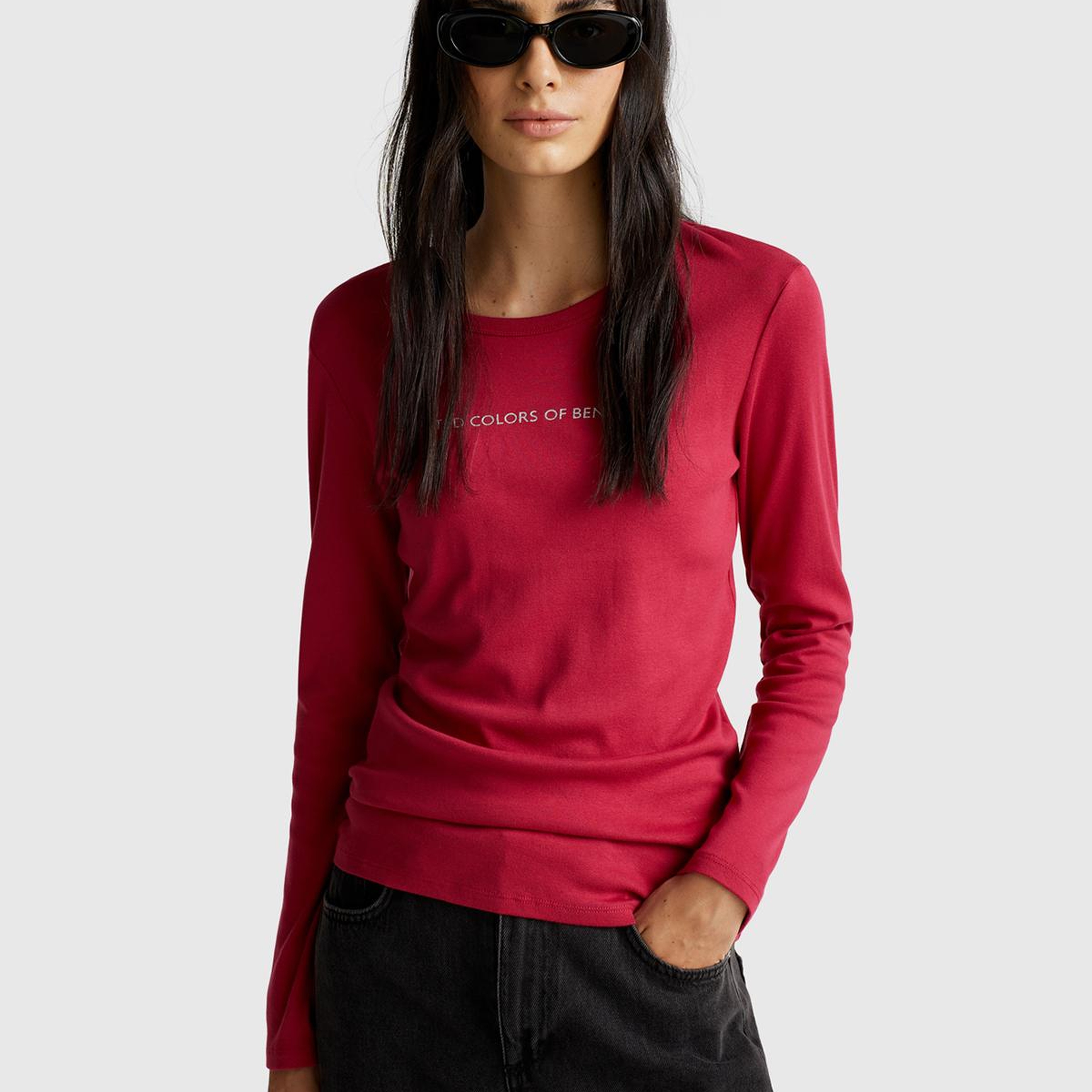 Kadın Fuşya %100 Koton Bisiklet Yaka Benetton Yazılı Uzun Kollu T-Shirt