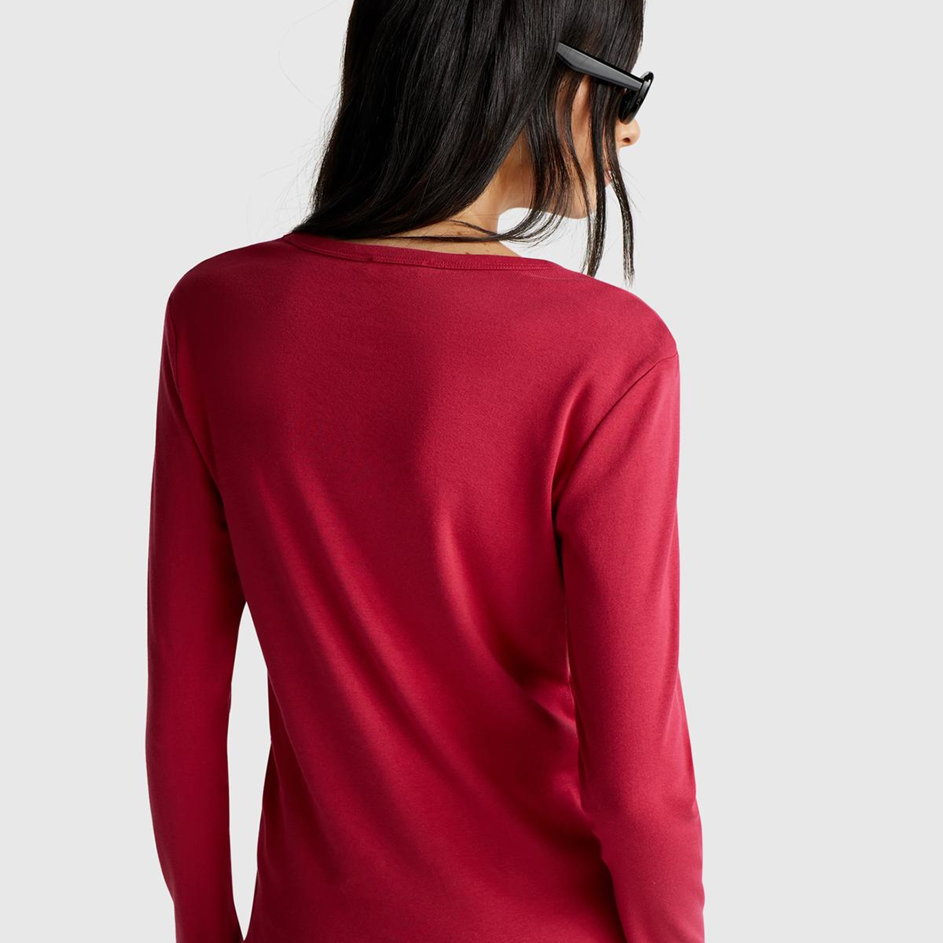 Kadın Fuşya %100 Koton Bisiklet Yaka Benetton Yazılı Uzun Kollu T-Shirt