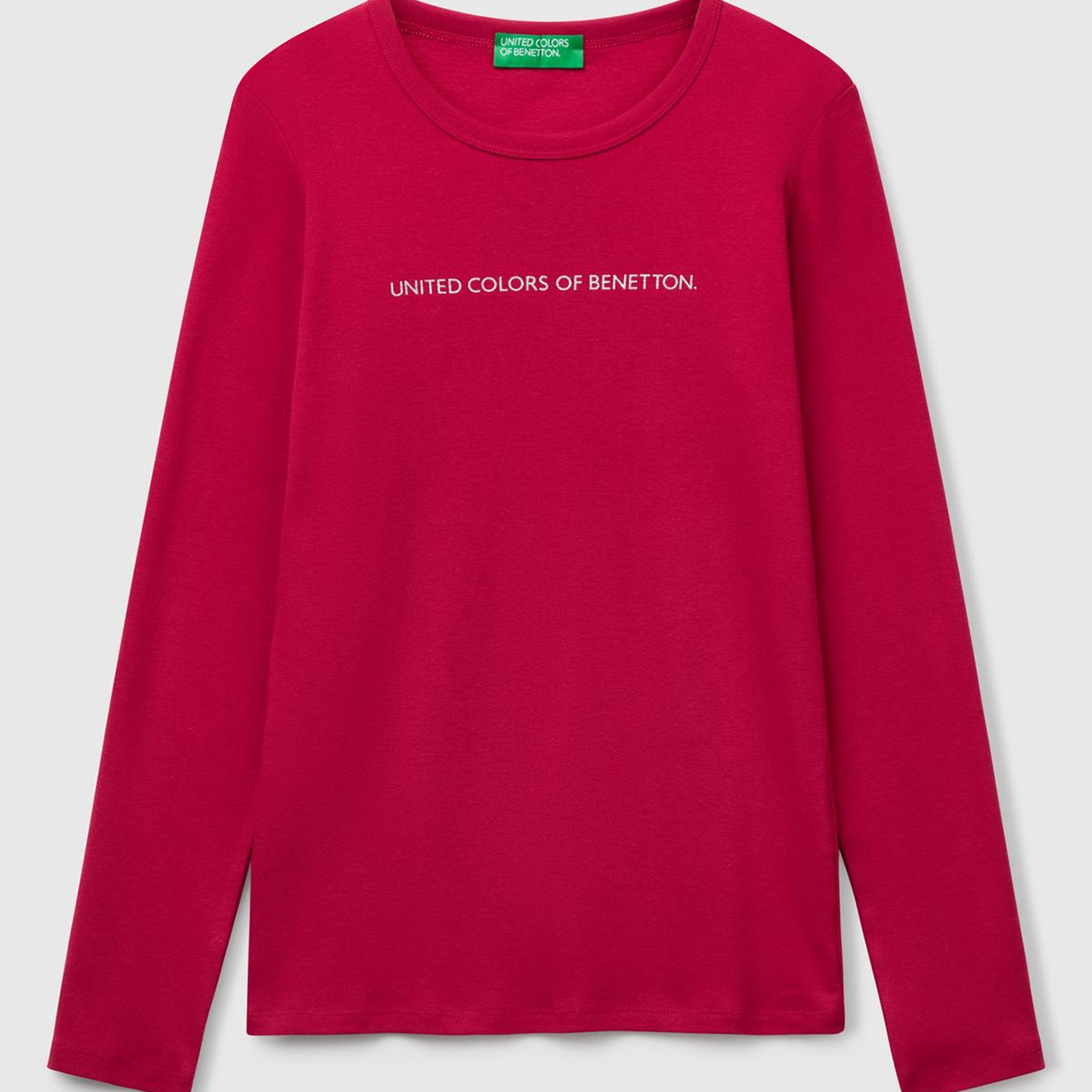Kadın Fuşya %100 Koton Bisiklet Yaka Benetton Yazılı Uzun Kollu T-Shirt