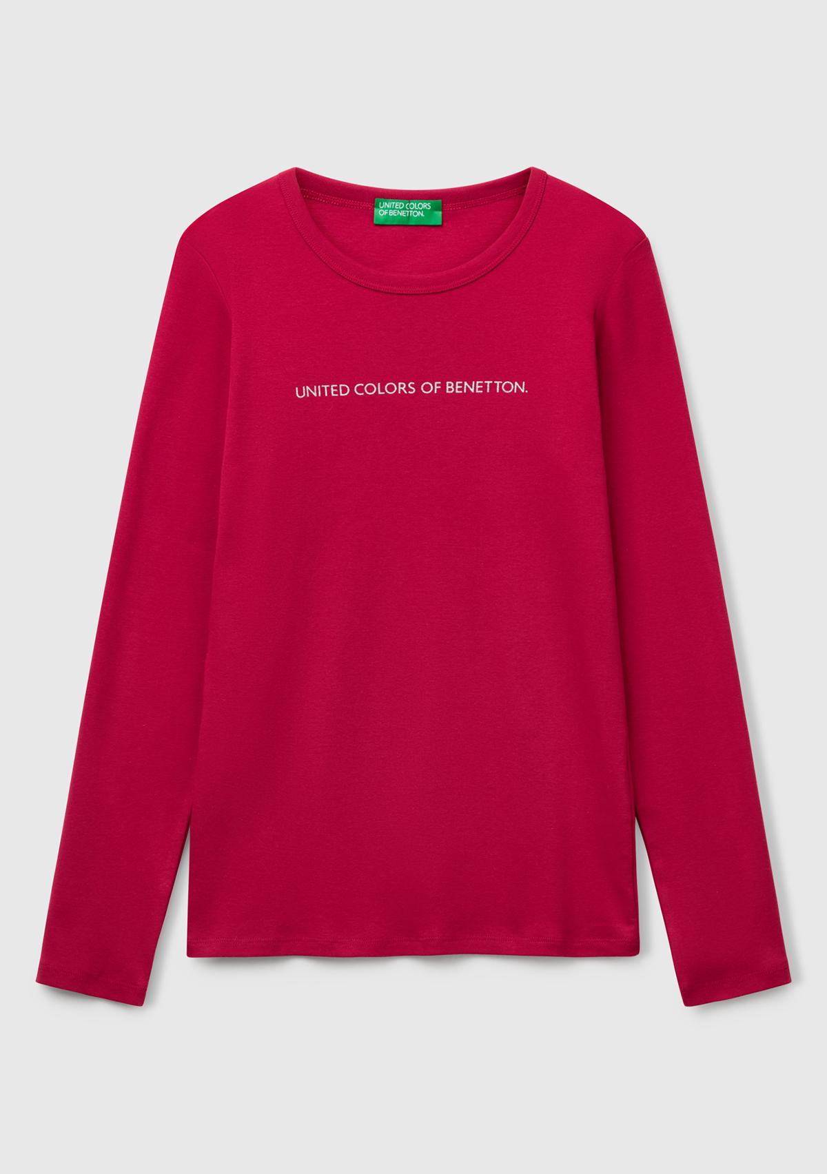 Kadın Fuşya %100 Koton Bisiklet Yaka Benetton Yazılı Uzun Kollu T-Shirt