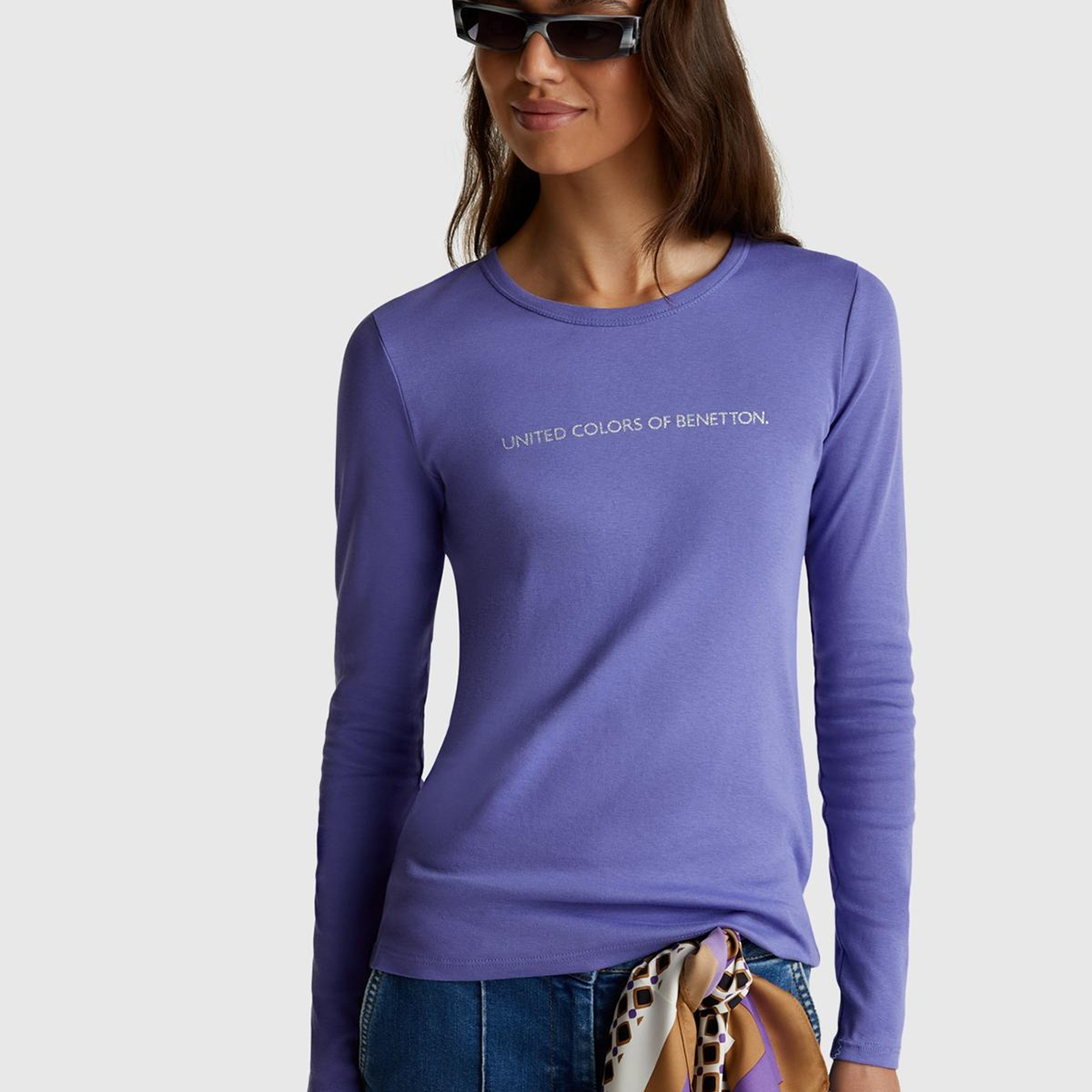Kadın Mor %100 Koton Bisiklet Yaka Benetton Yazılı Uzun Kollu T-Shirt