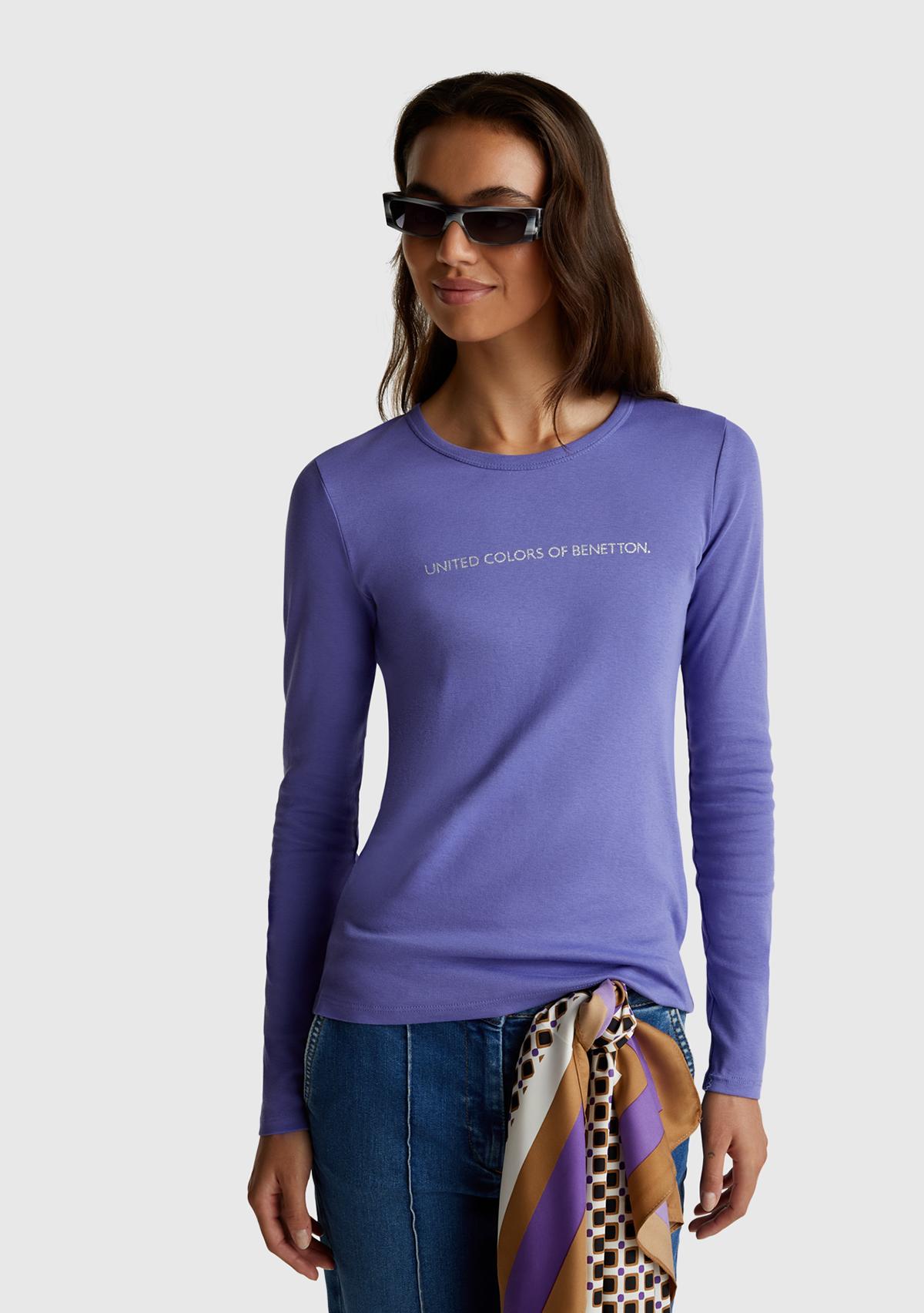 Kadın Mor %100 Koton Bisiklet Yaka Benetton Yazılı Uzun Kollu T-Shirt