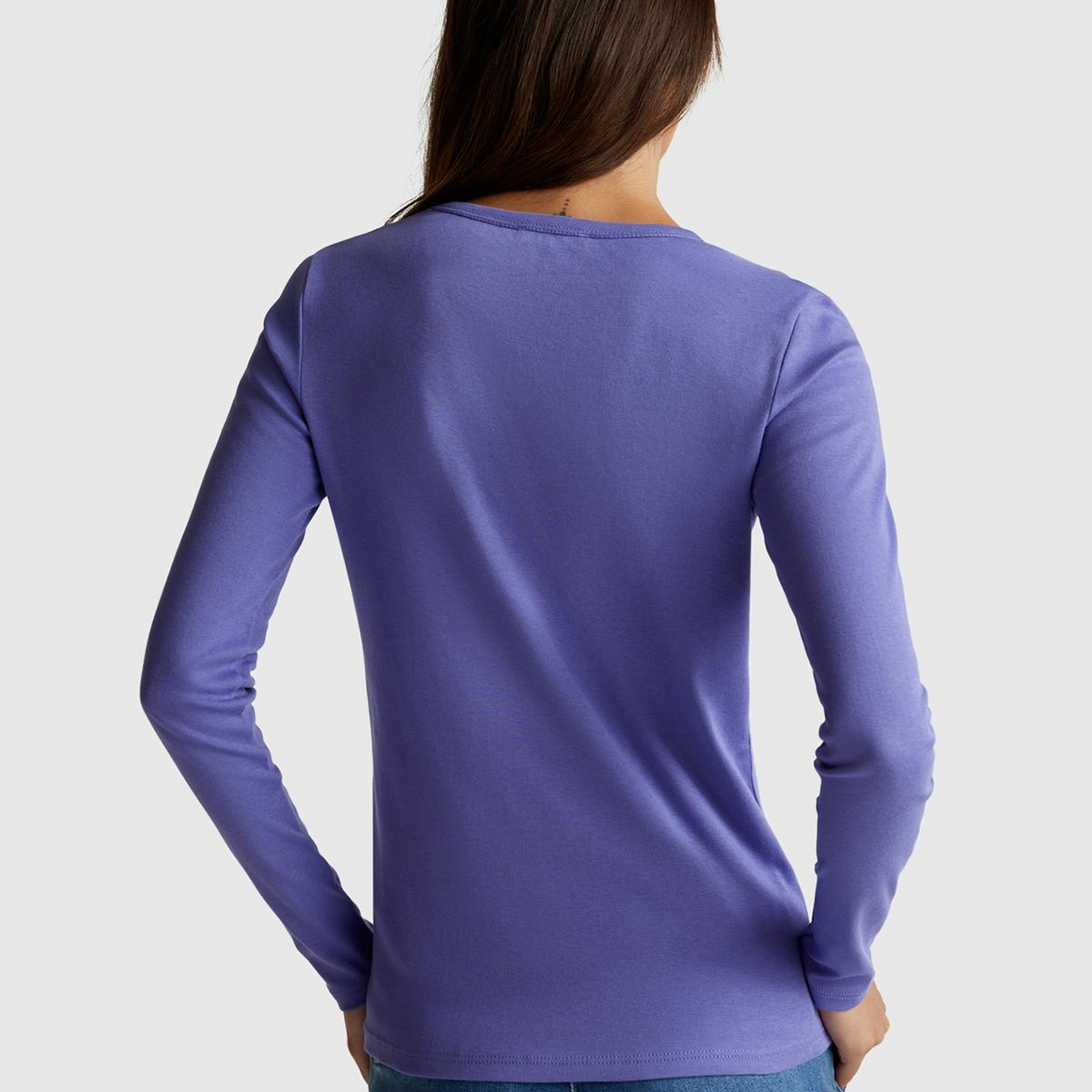 Kadın Mor %100 Koton Bisiklet Yaka Benetton Yazılı Uzun Kollu T-Shirt